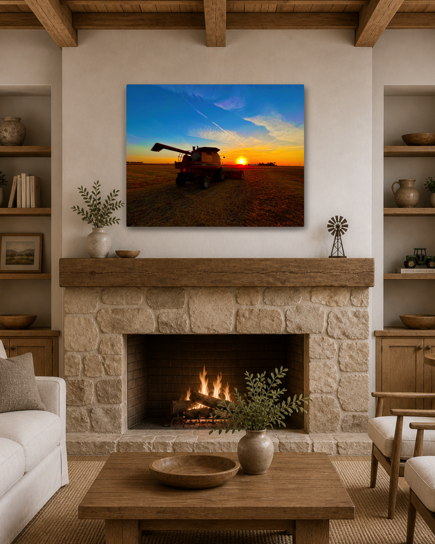 Where the Combine Meets the Sunset – Harvest Field Canvas Wall Art