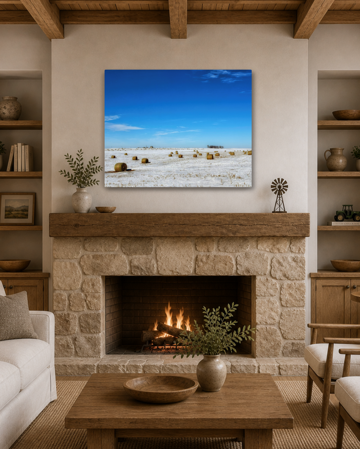Bales Beneath a Winter Blue  – Snowy Iowa Farm Canvas Wall Art