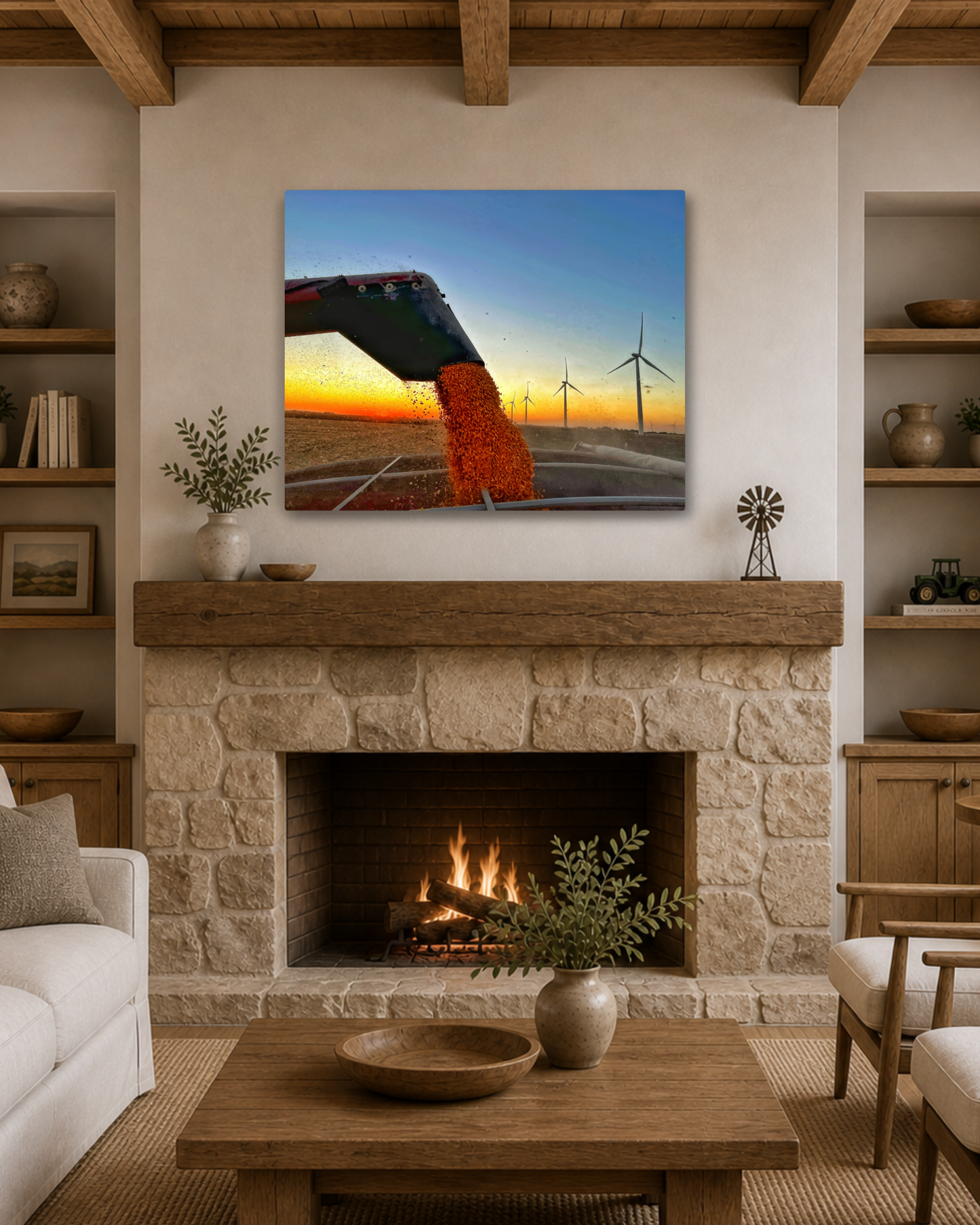 When the Grain Pours Gold – Corn Harvest Unloading Canvas Wall Art