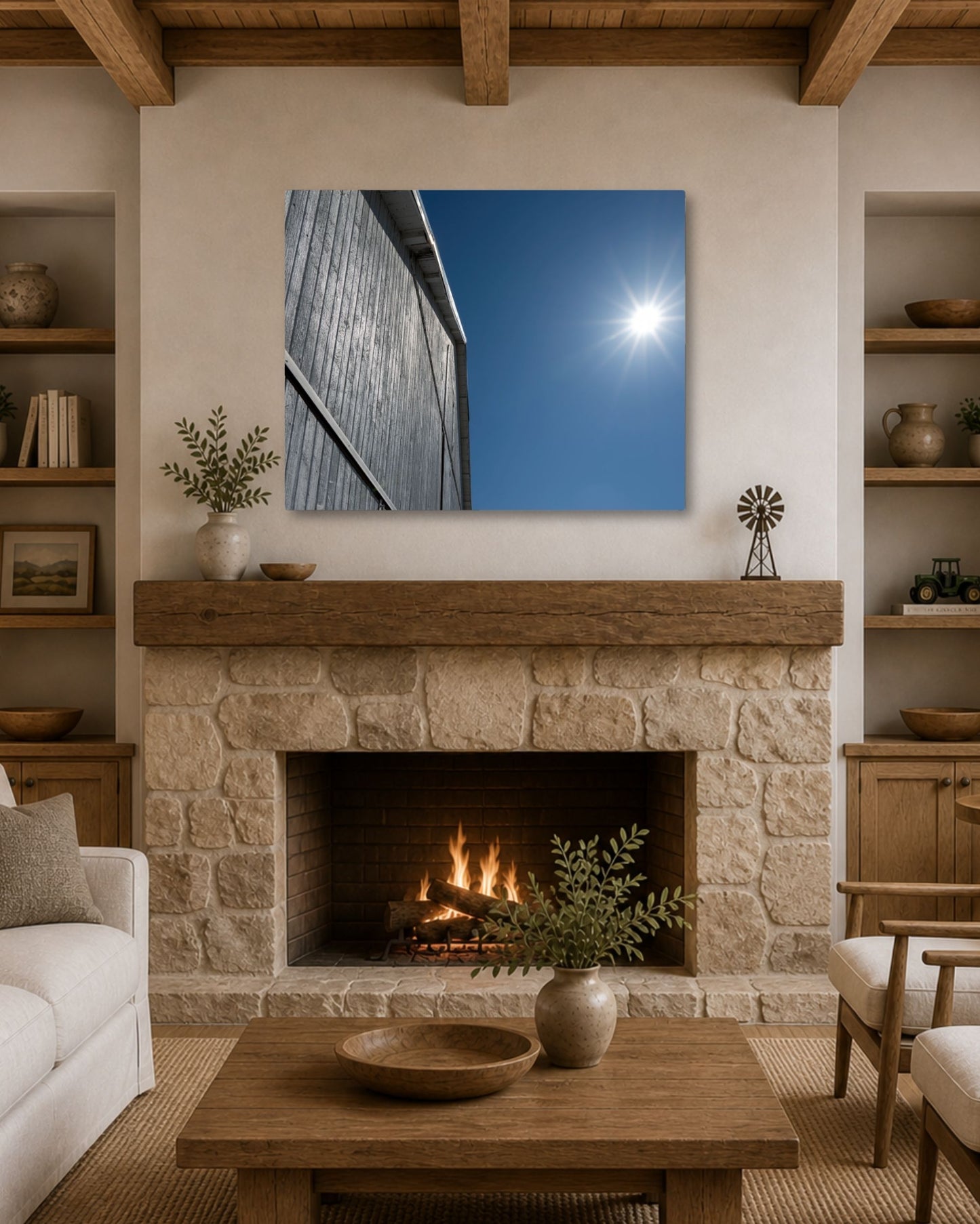 Where the Barn Meets the Blue – White Barn Canvas Wall Art