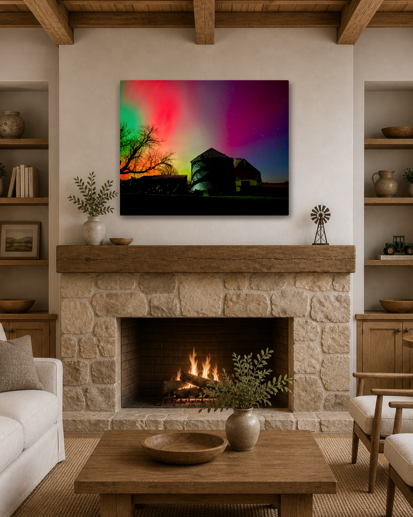 When the Home Place Glowed – Northern Lights Farm Canvas Wall Art