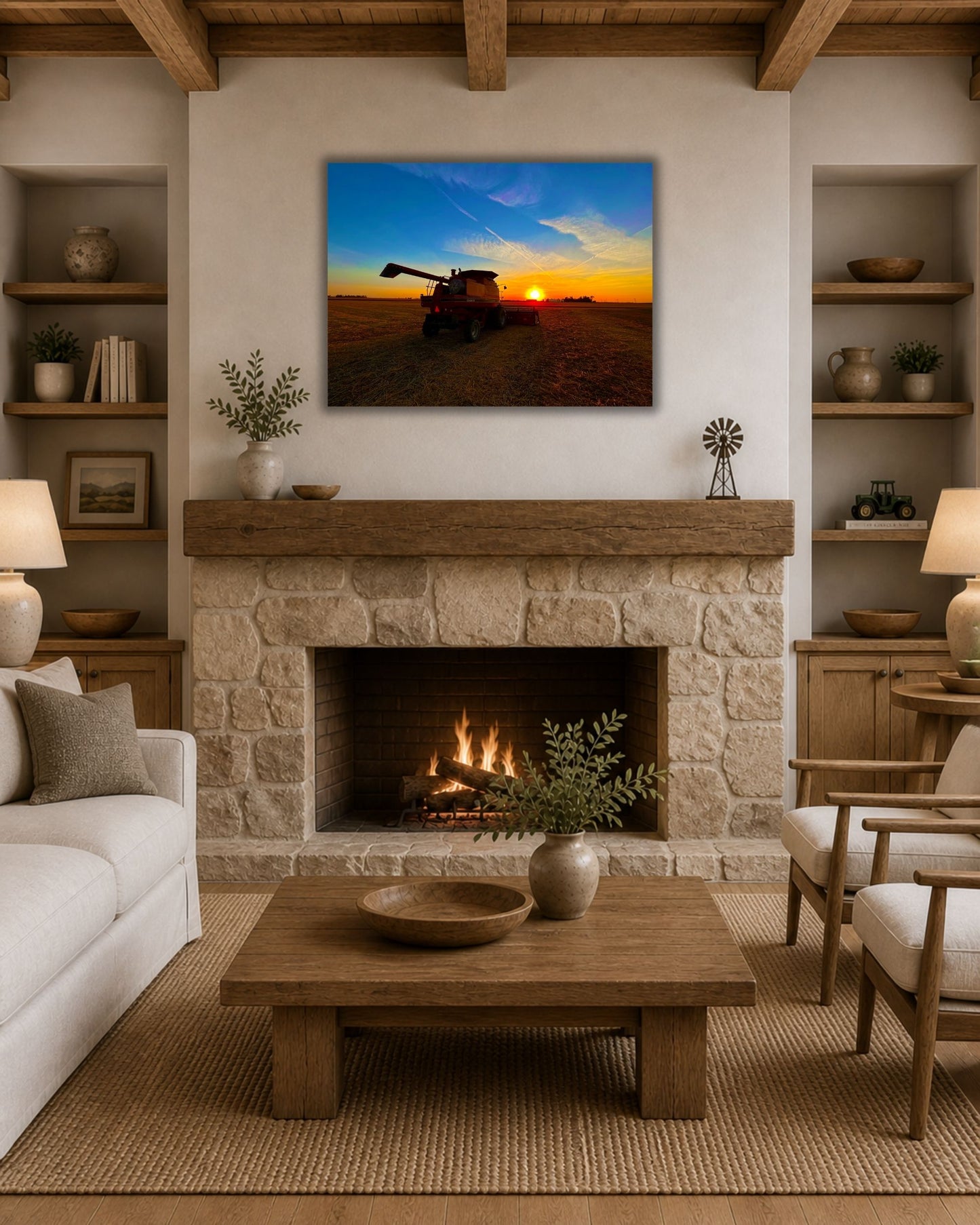 Where the Combine Meets the Sunset – Harvest Field Canvas Wall Art