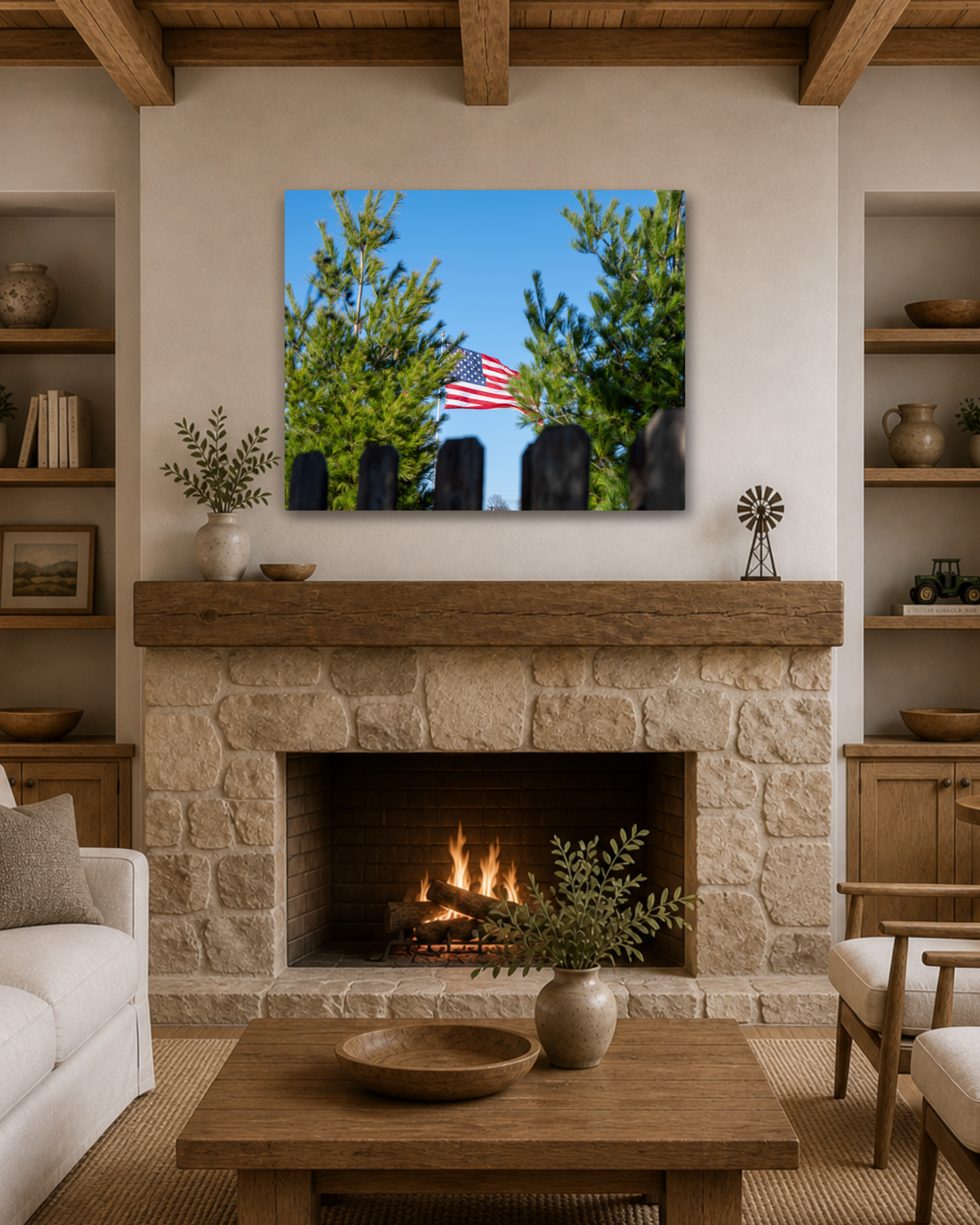 A Familiar Sight - American Flag Rural Landscape Canvas Wall Art