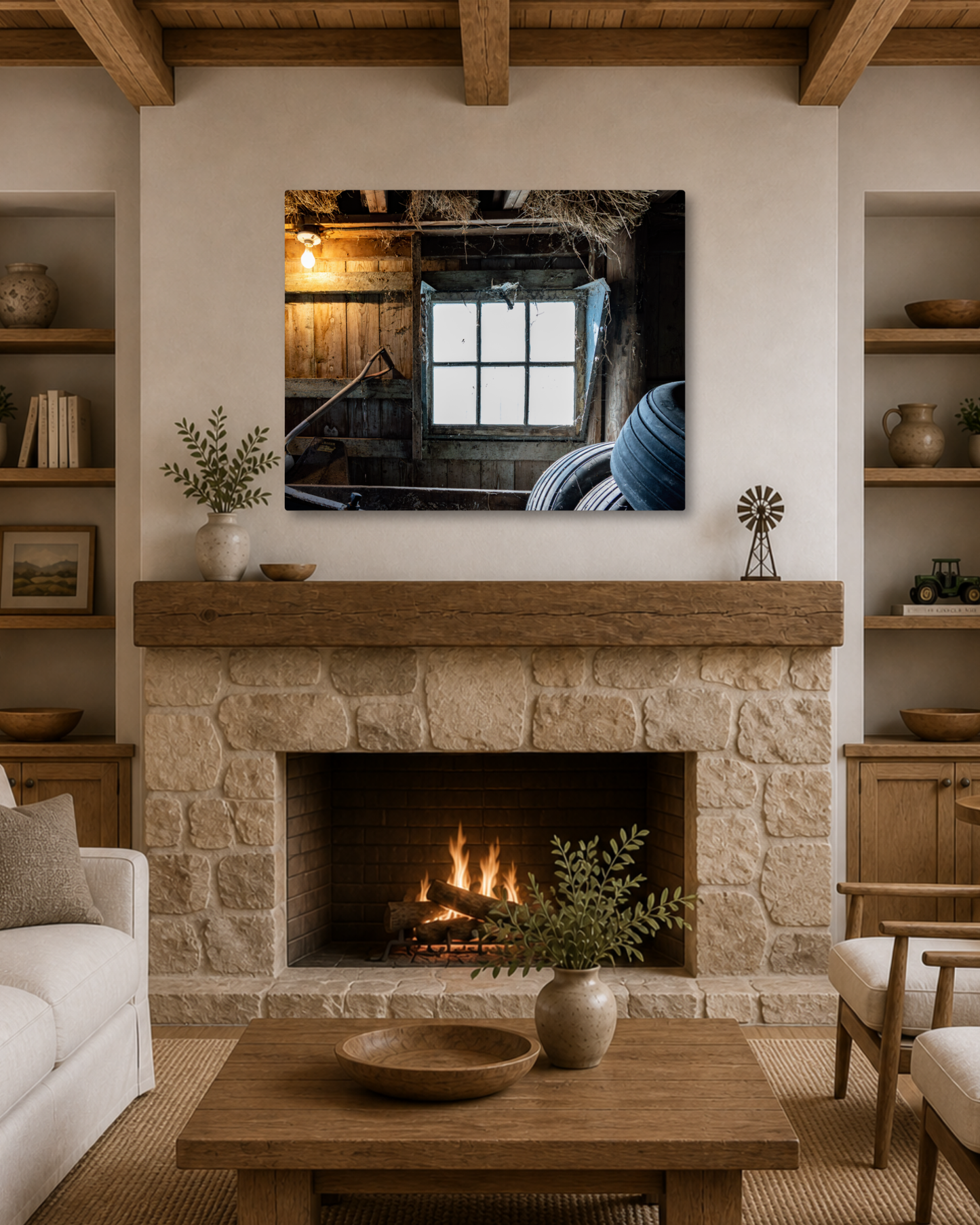Light Through the Old Barn Window – Rustic Farm Interior Canvas Wall Art