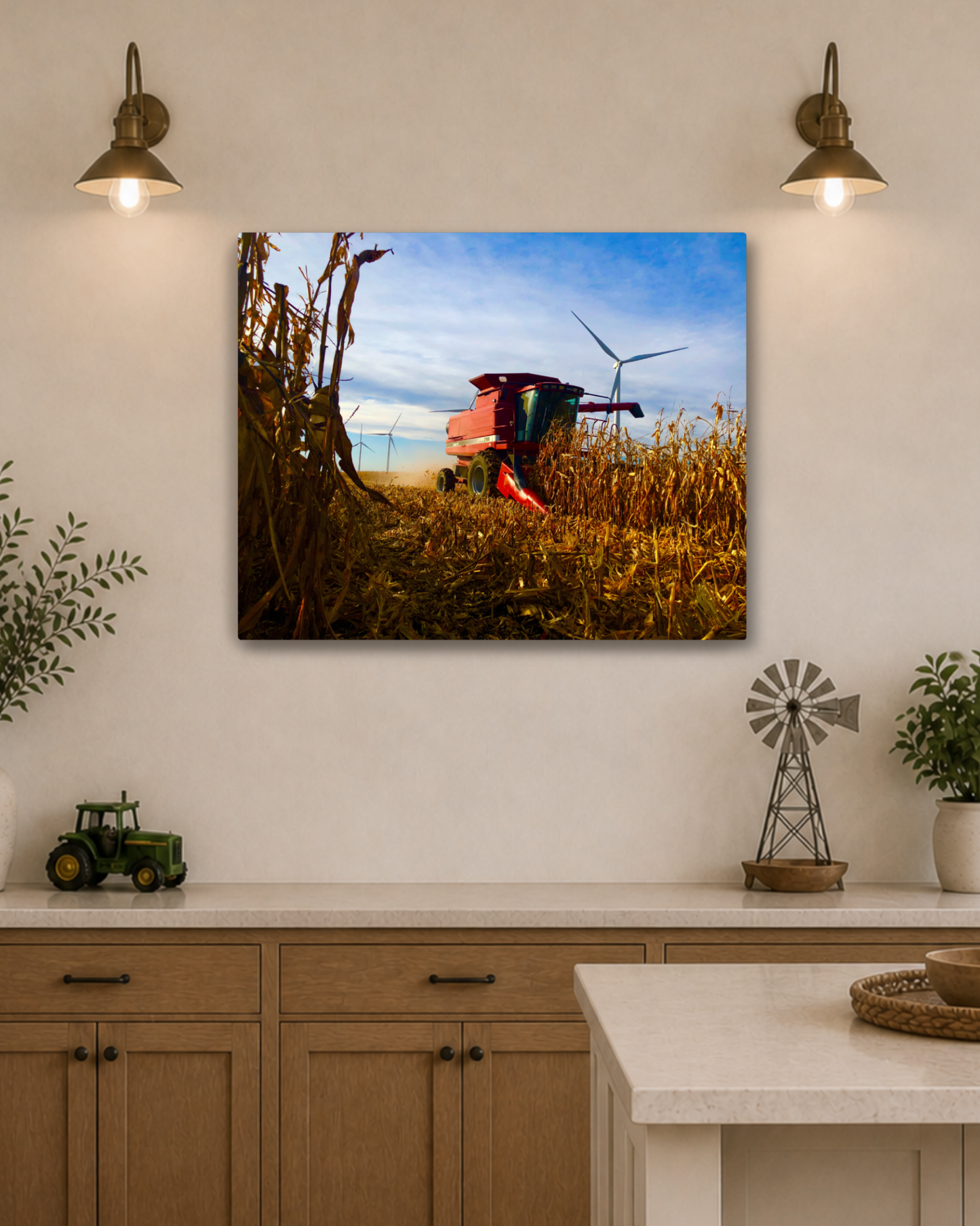 Row by Row, the Harvest Comes In – Corn Combine Canvas Wall Art