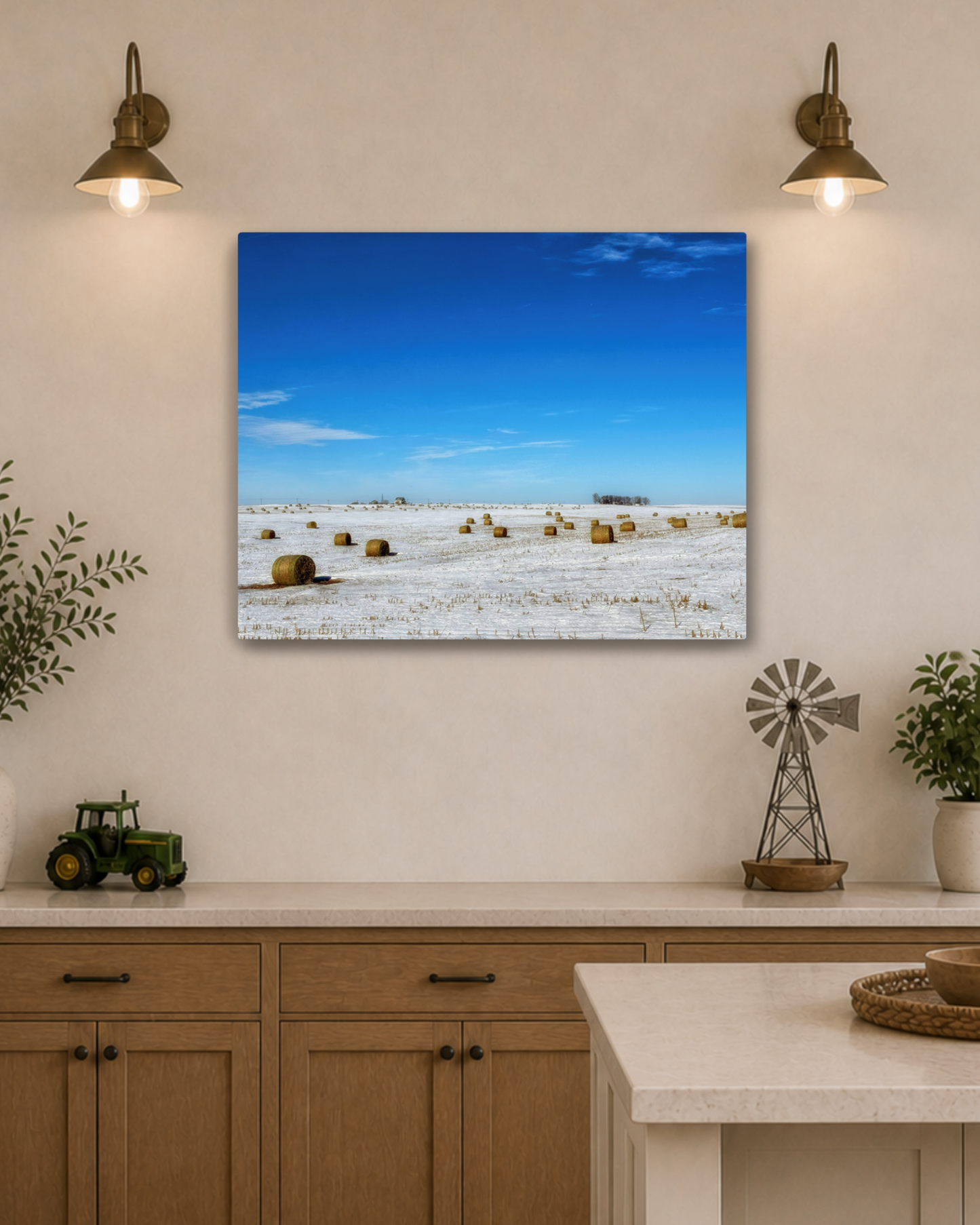 Bales Beneath a Winter Blue  – Snowy Iowa Farm Canvas Wall Art