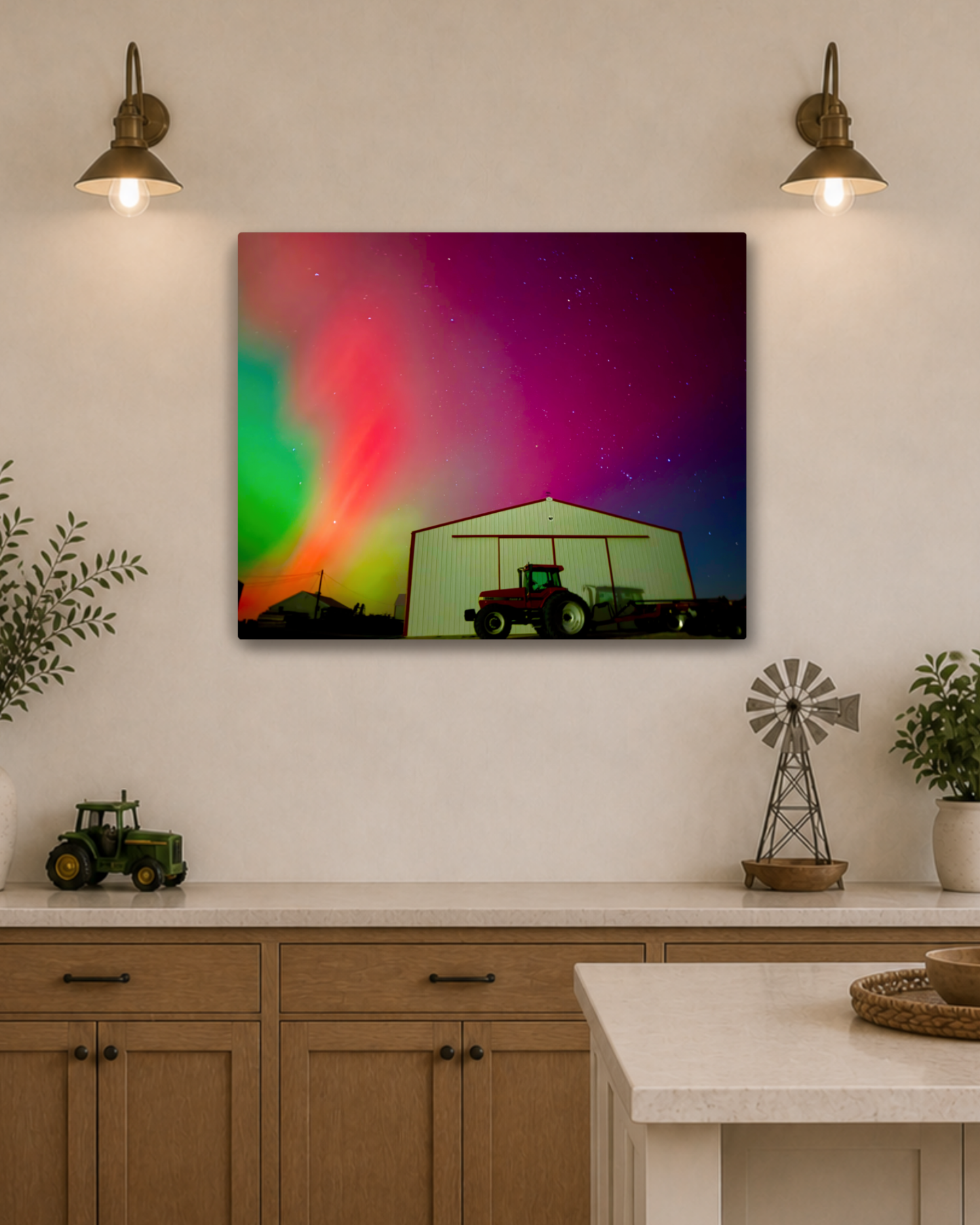 When the Sky Turned Electric – Northern Lights Over the Farm Canvas Wall Art