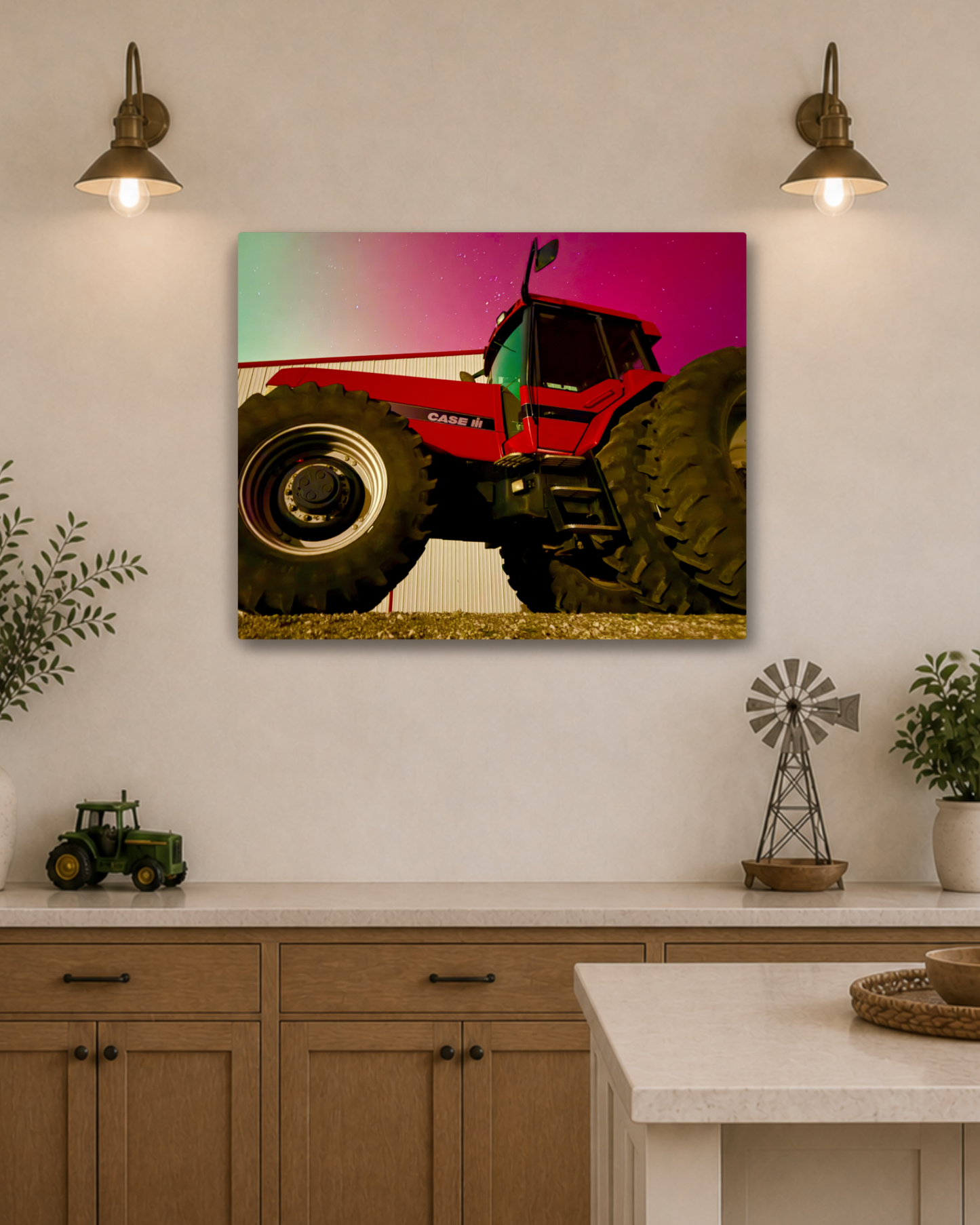 Red Iron Beneath the Northern Lights – Tractor Aurora Canvas Wall Art