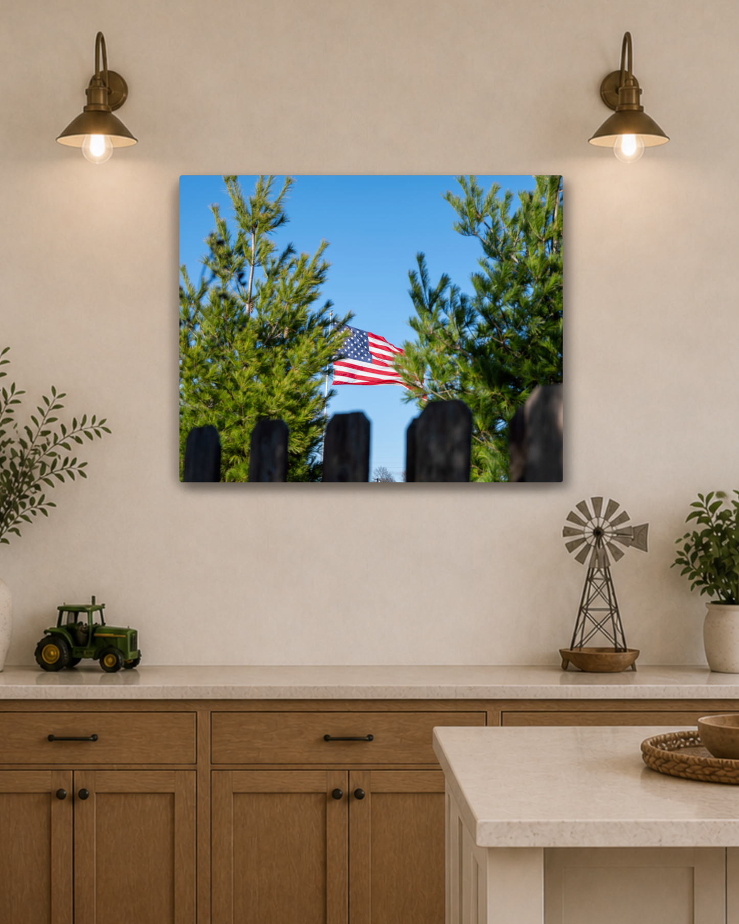 A Familiar Sight - American Flag Rural Landscape Canvas Wall Art