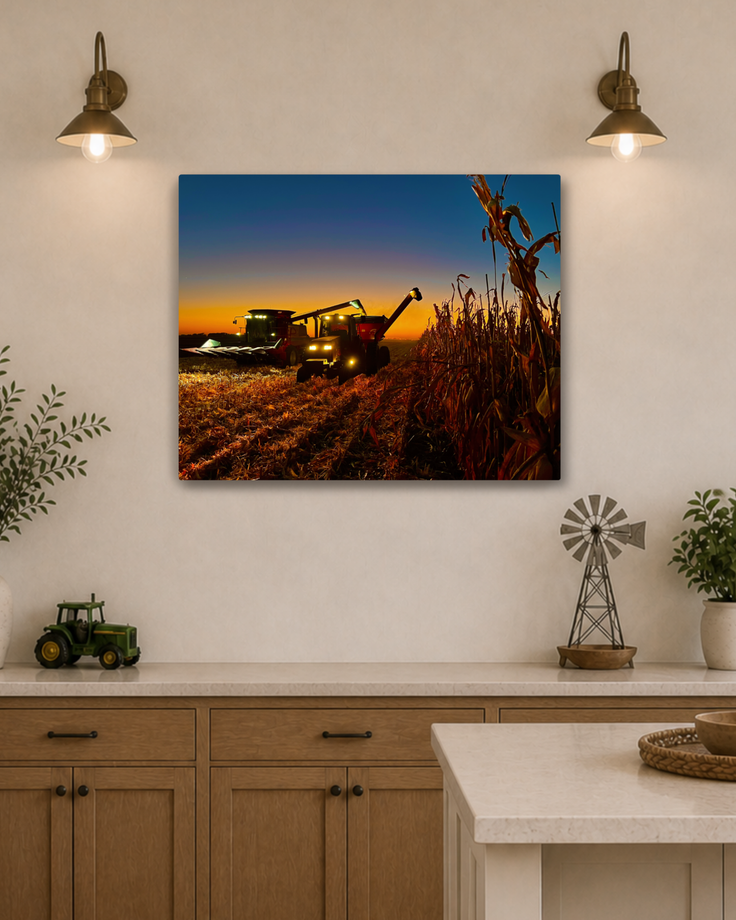 Keeping Pace with the Sunset - Corn Harvest Canvas Wall Art