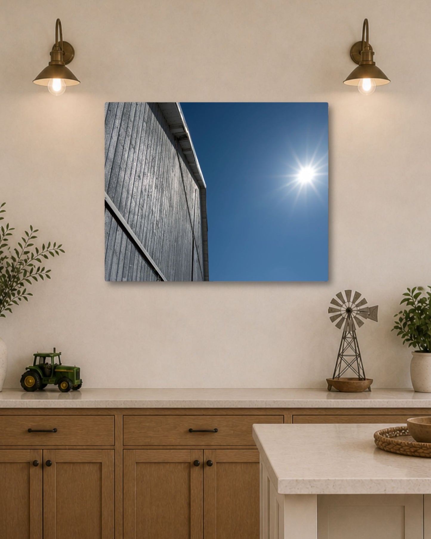 Where the Barn Meets the Blue – White Barn Canvas Wall Art