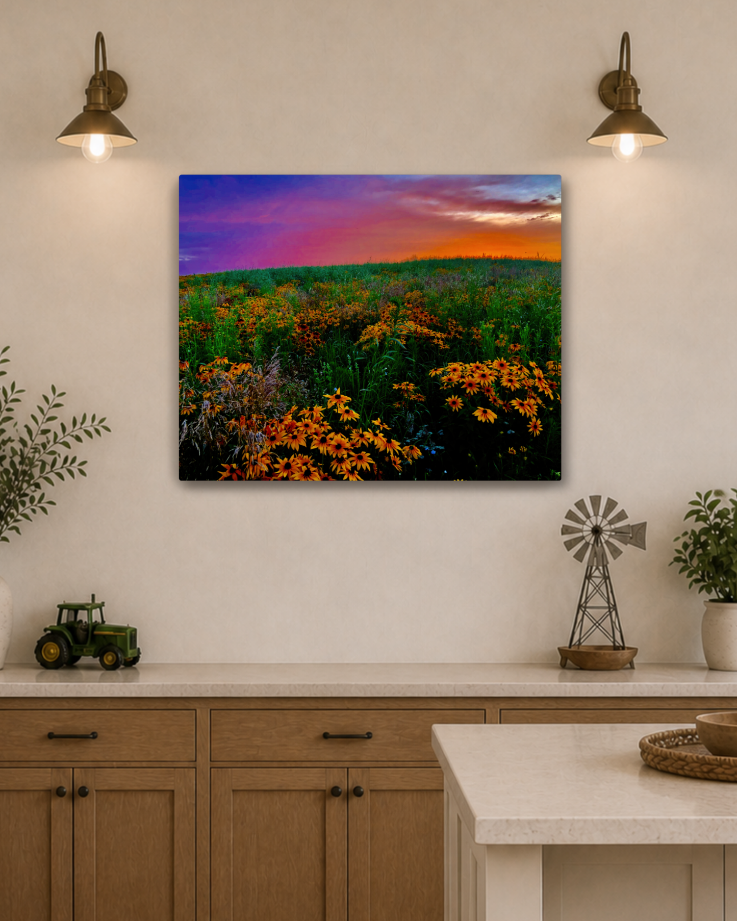 Wildflowers Under a Painted Sky – Rural Sunset Canvas Wall Art