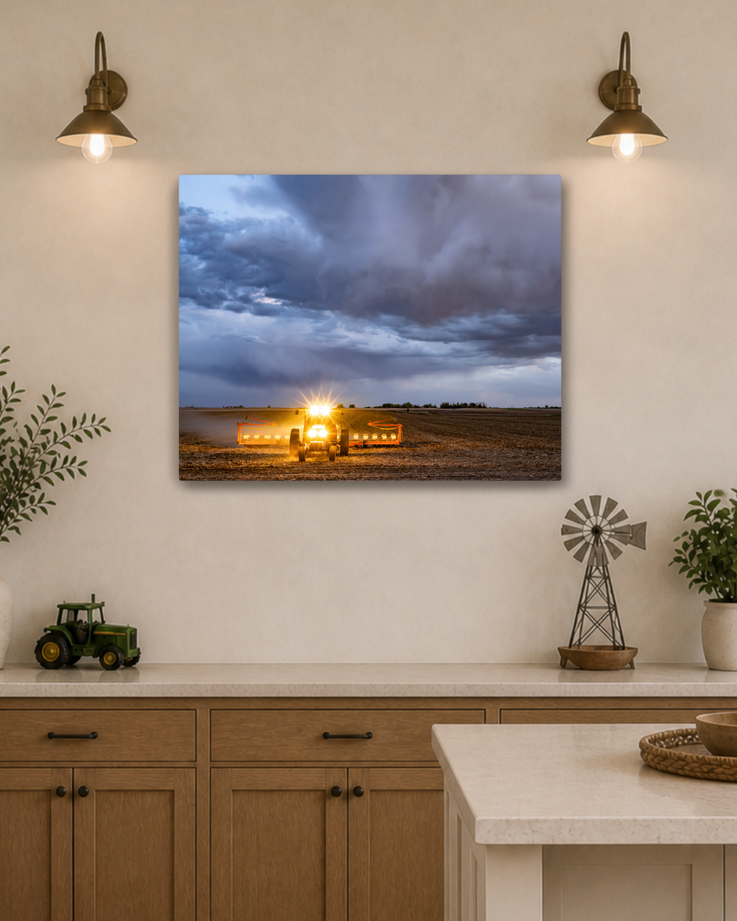 Between the Rows and the Rain - Tractor Planting Storm Canvas Wall Art