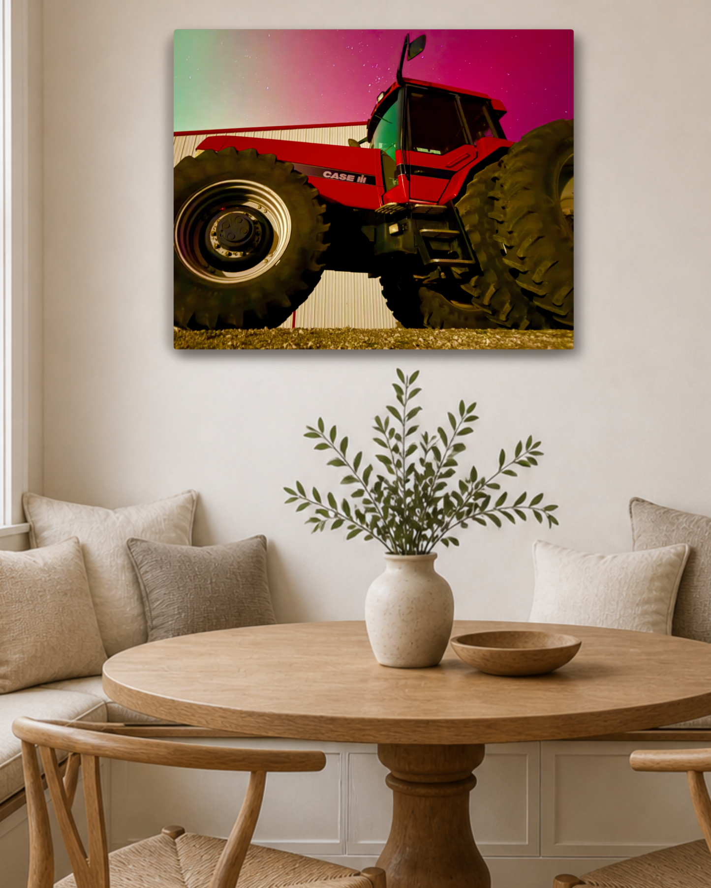 Red Iron Beneath the Northern Lights – Tractor Aurora Canvas Wall Art
