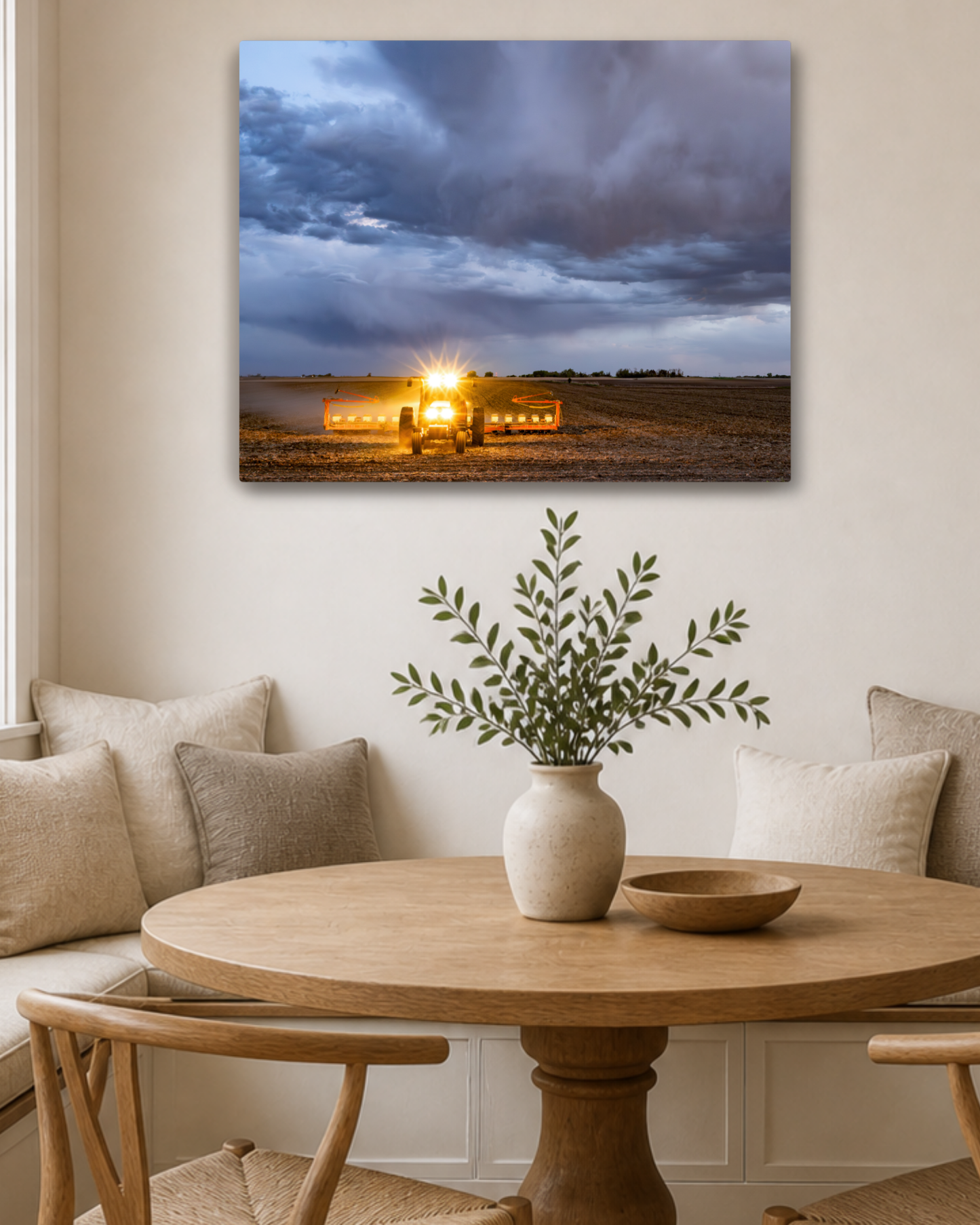 Between the Rows and the Rain - Tractor Planting Storm Canvas Wall Art
