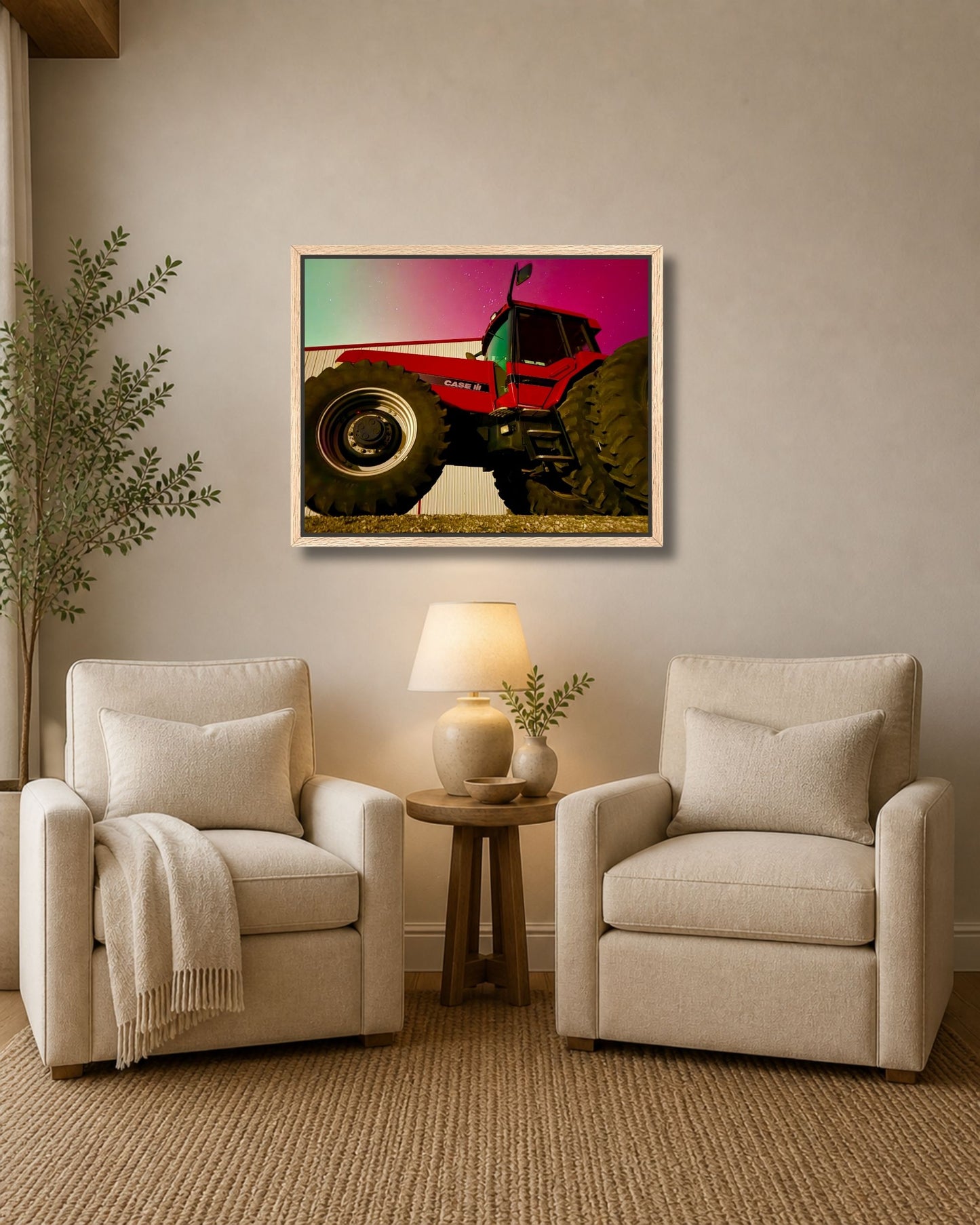 Red Iron Beneath the Northern Lights – Tractor Aurora Canvas Wall Art