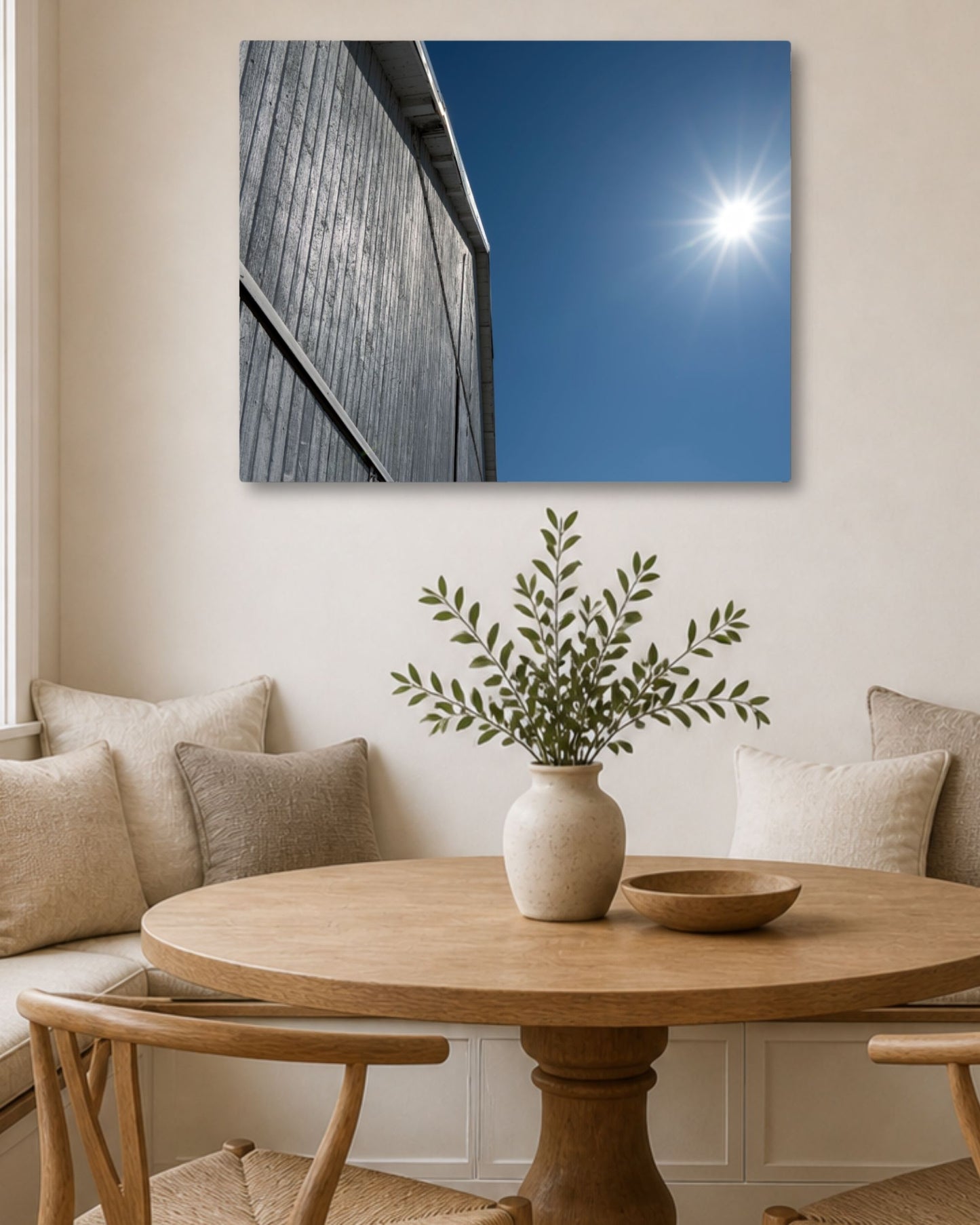 Where the Barn Meets the Blue – White Barn Canvas Wall Art