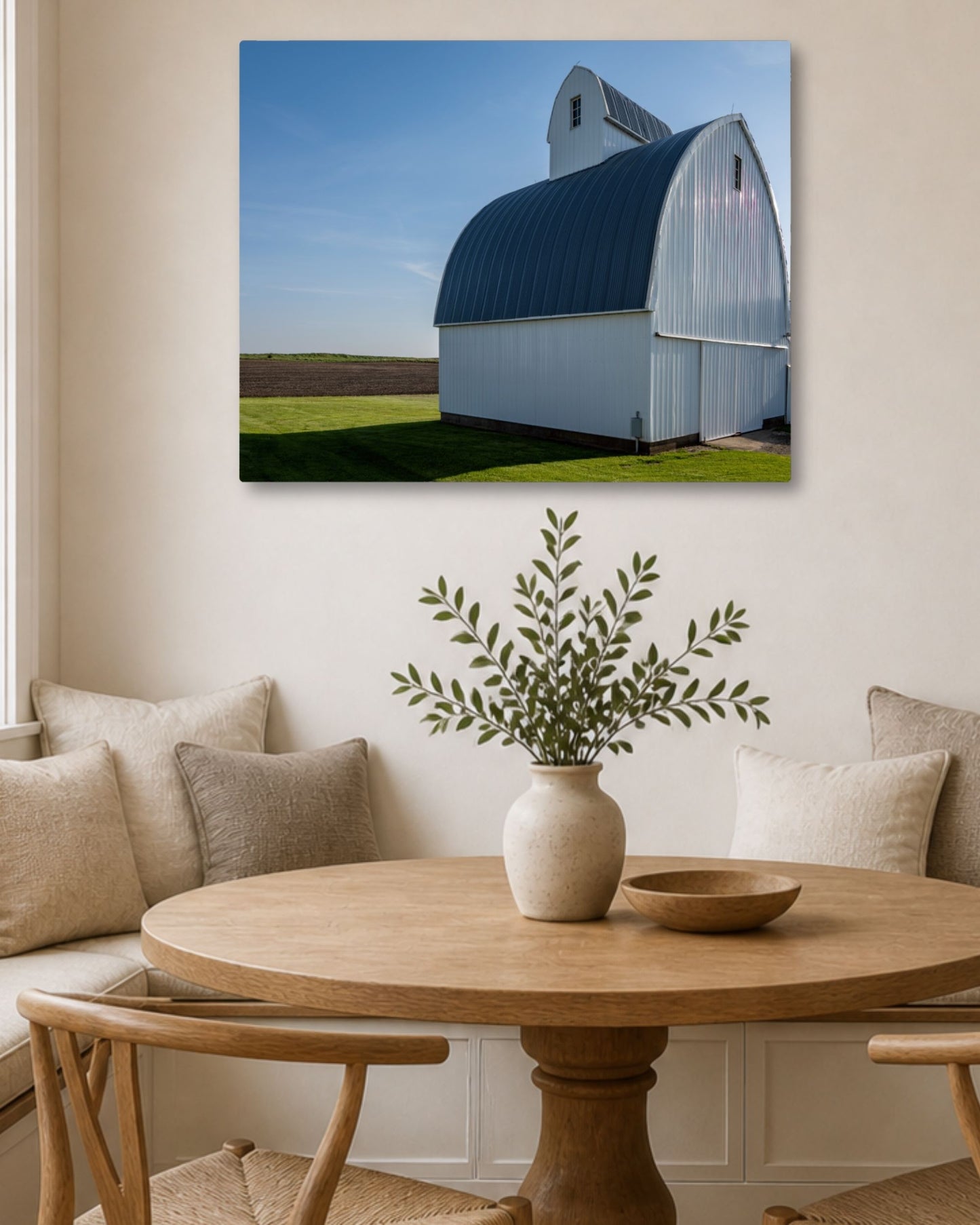 The Quiet Curve of the White Corn Crib – Rural Farm Canvas Wall Art