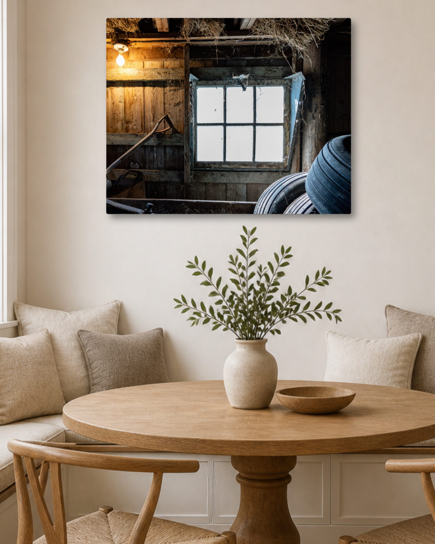 Light Through the Old Barn Window – Rustic Farm Interior Canvas Wall Art