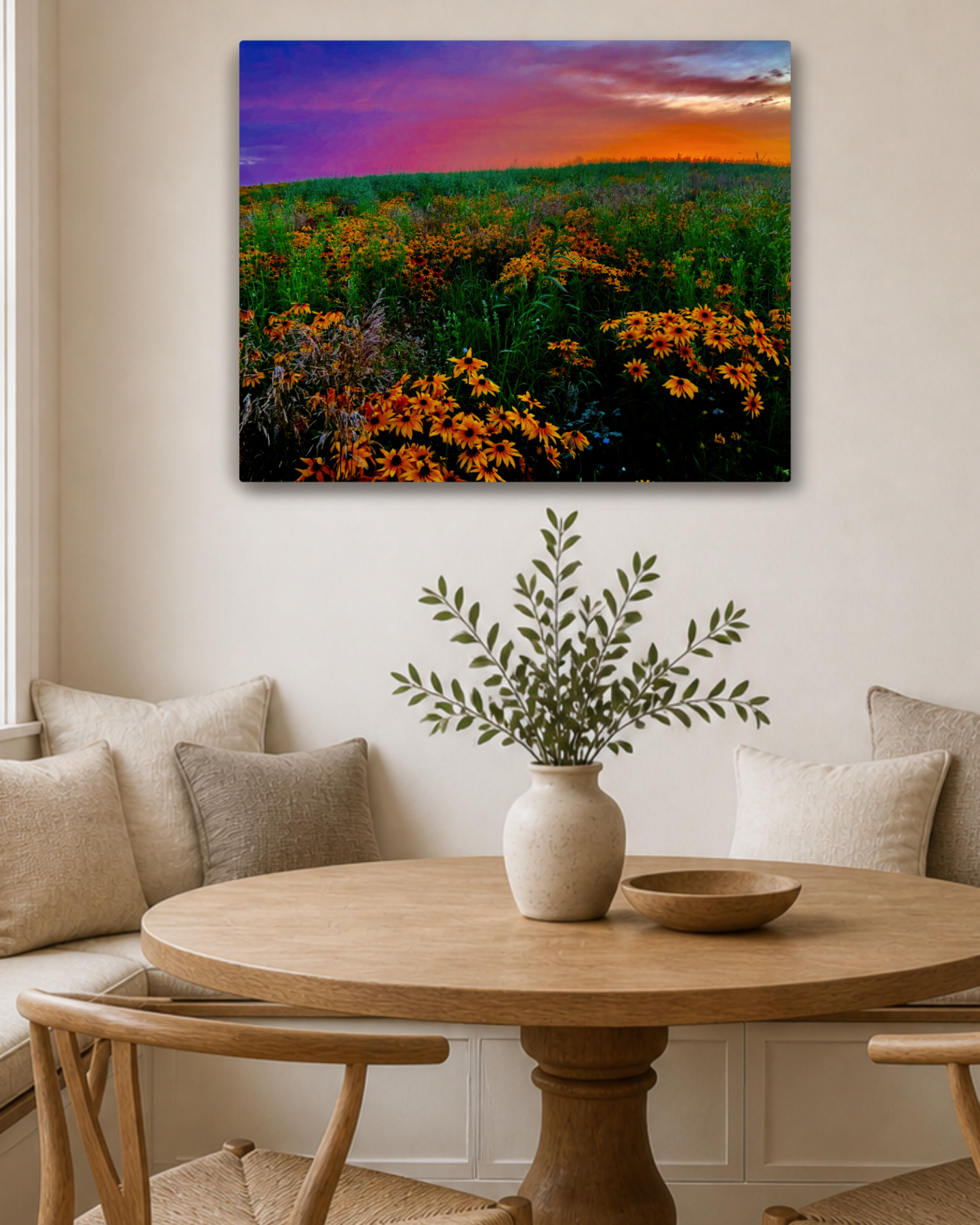 Wildflowers Under a Painted Sky – Rural Sunset Canvas Wall Art