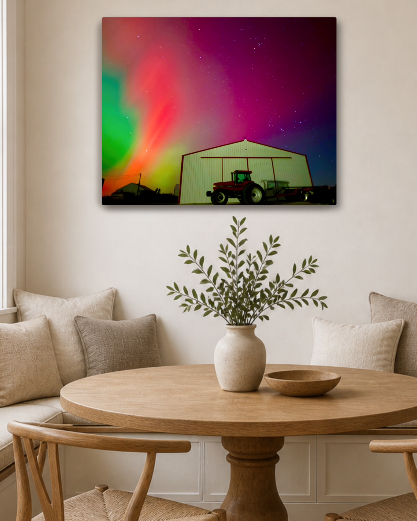 When the Sky Turned Electric – Northern Lights Over the Farm Canvas Wall Art