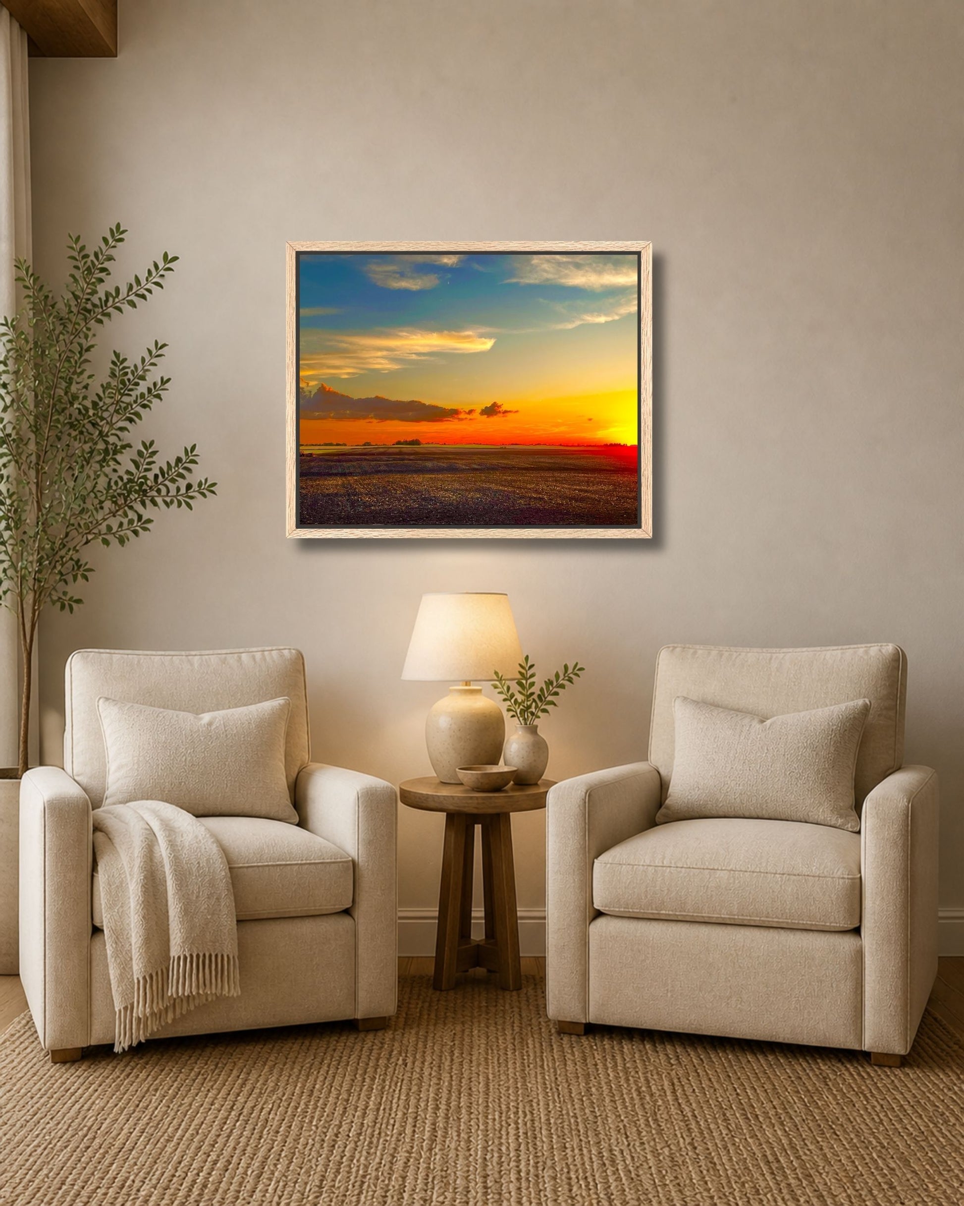 Walnut framed Iowa sunset field wall art styled above an entryway console table in a warm farmhouse hallway.