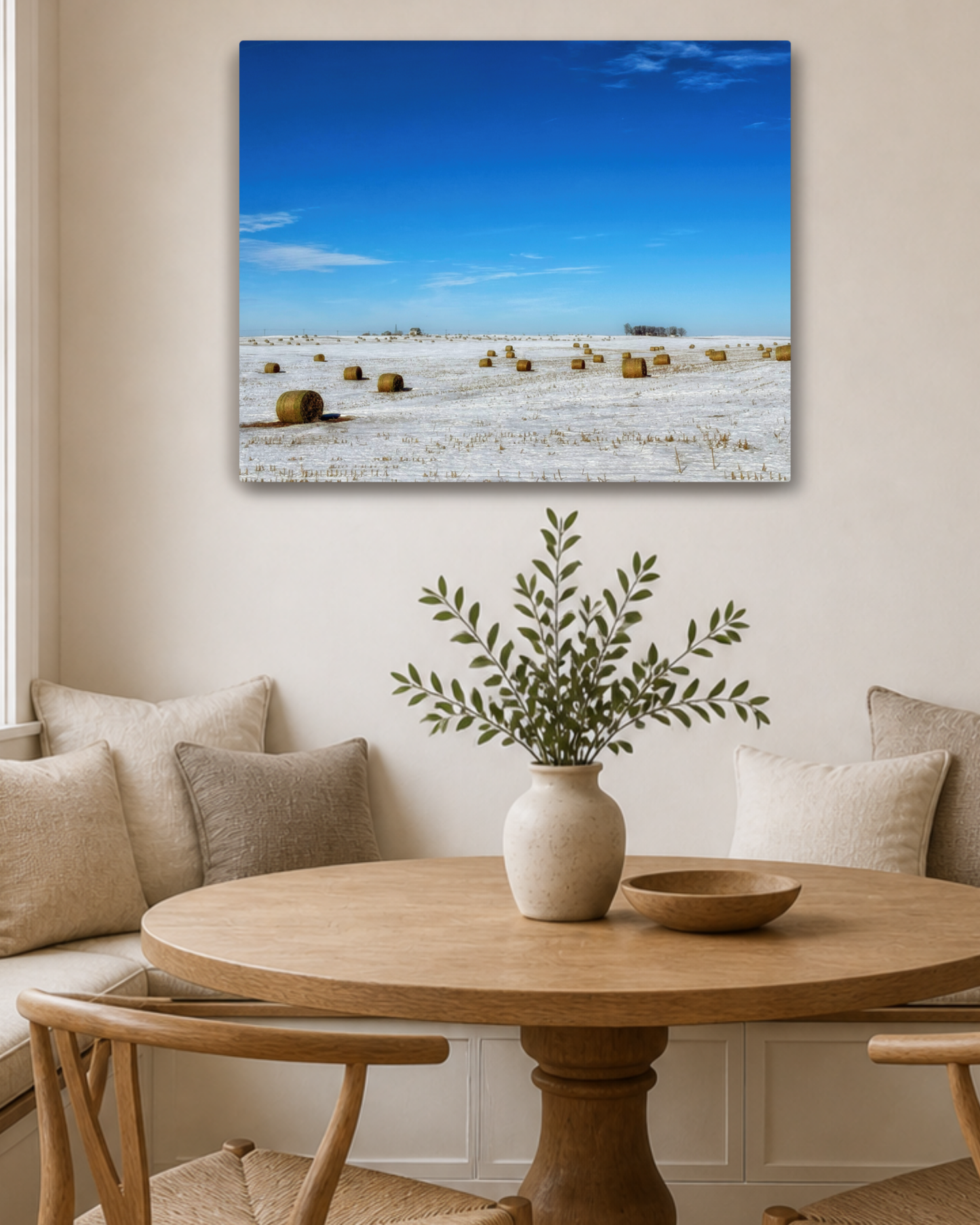 Bales Beneath a Winter Blue  – Snowy Iowa Farm Canvas Wall Art