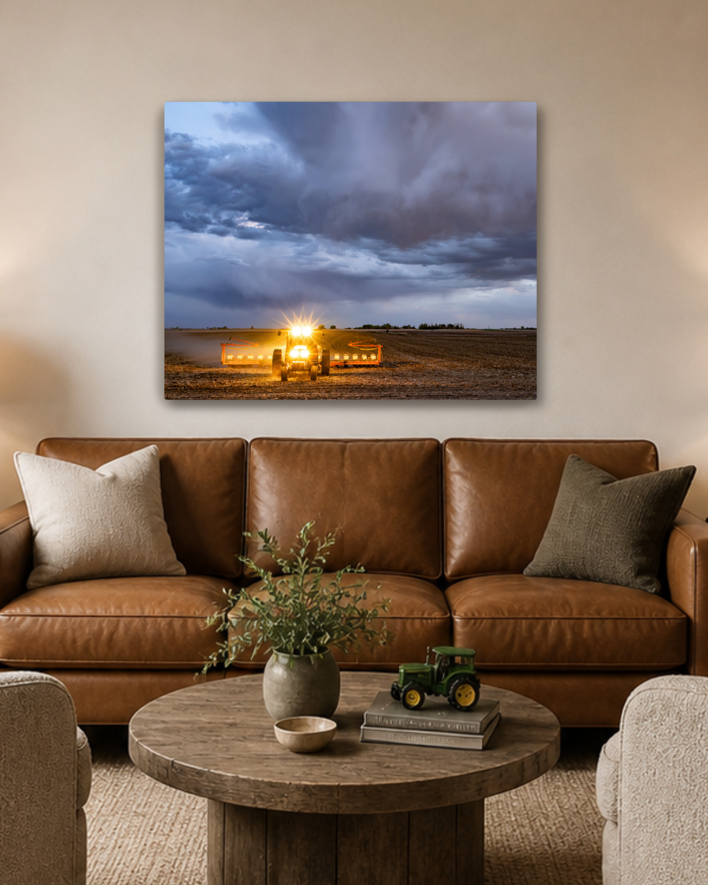 Between the Rows and the Rain - Tractor Planting Storm Canvas Wall Art