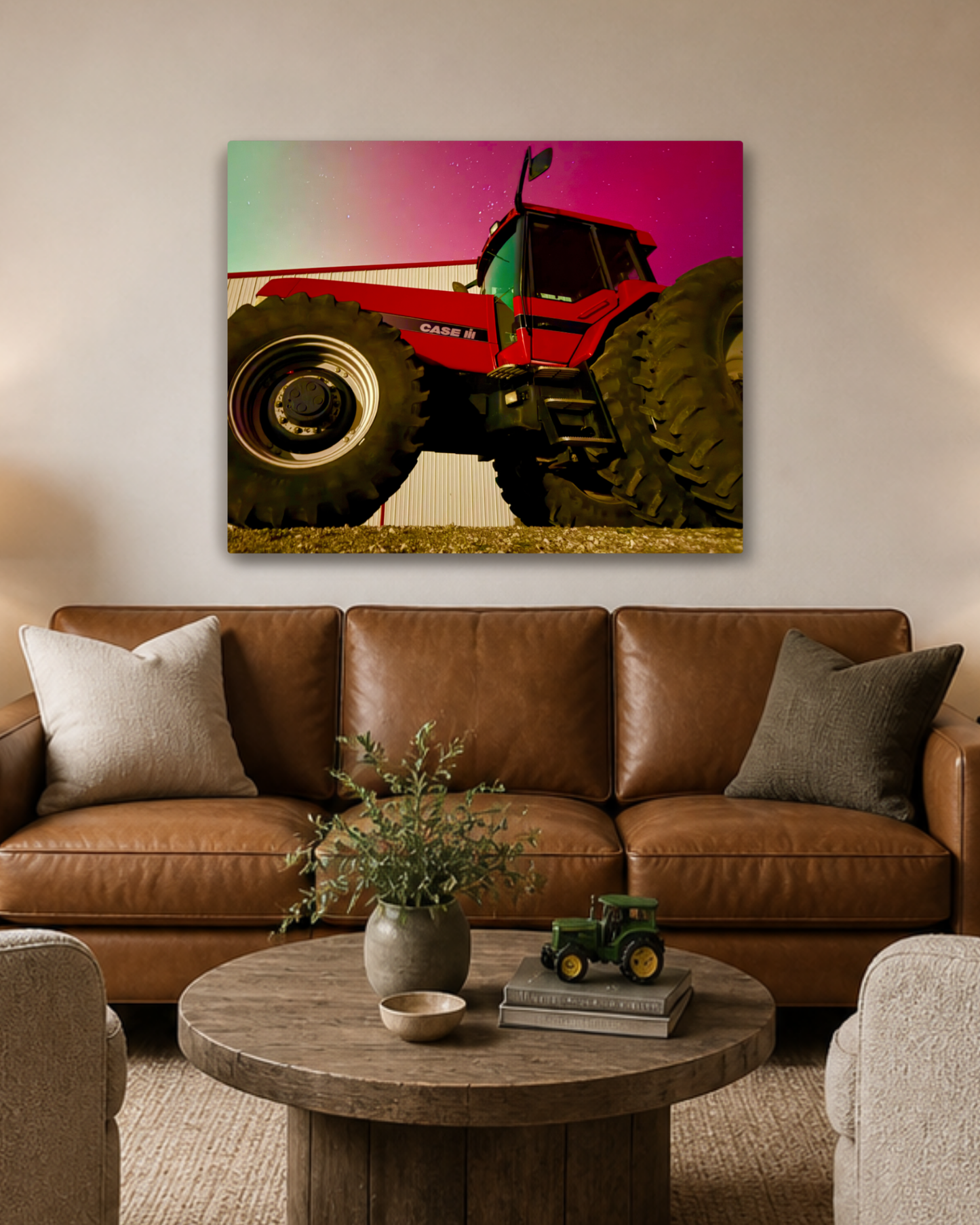 Red Iron Beneath the Northern Lights – Tractor Aurora Canvas Wall Art