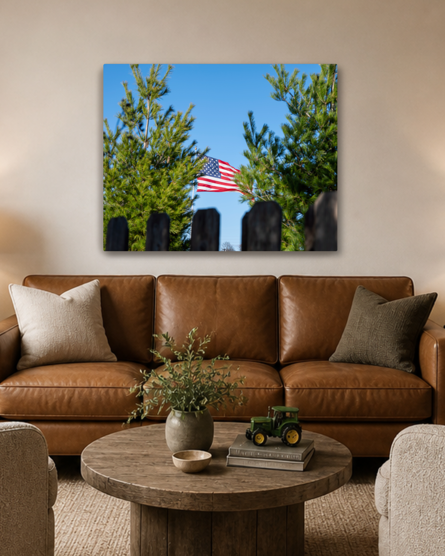 A Familiar Sight - American Flag Rural Landscape Canvas Wall Art