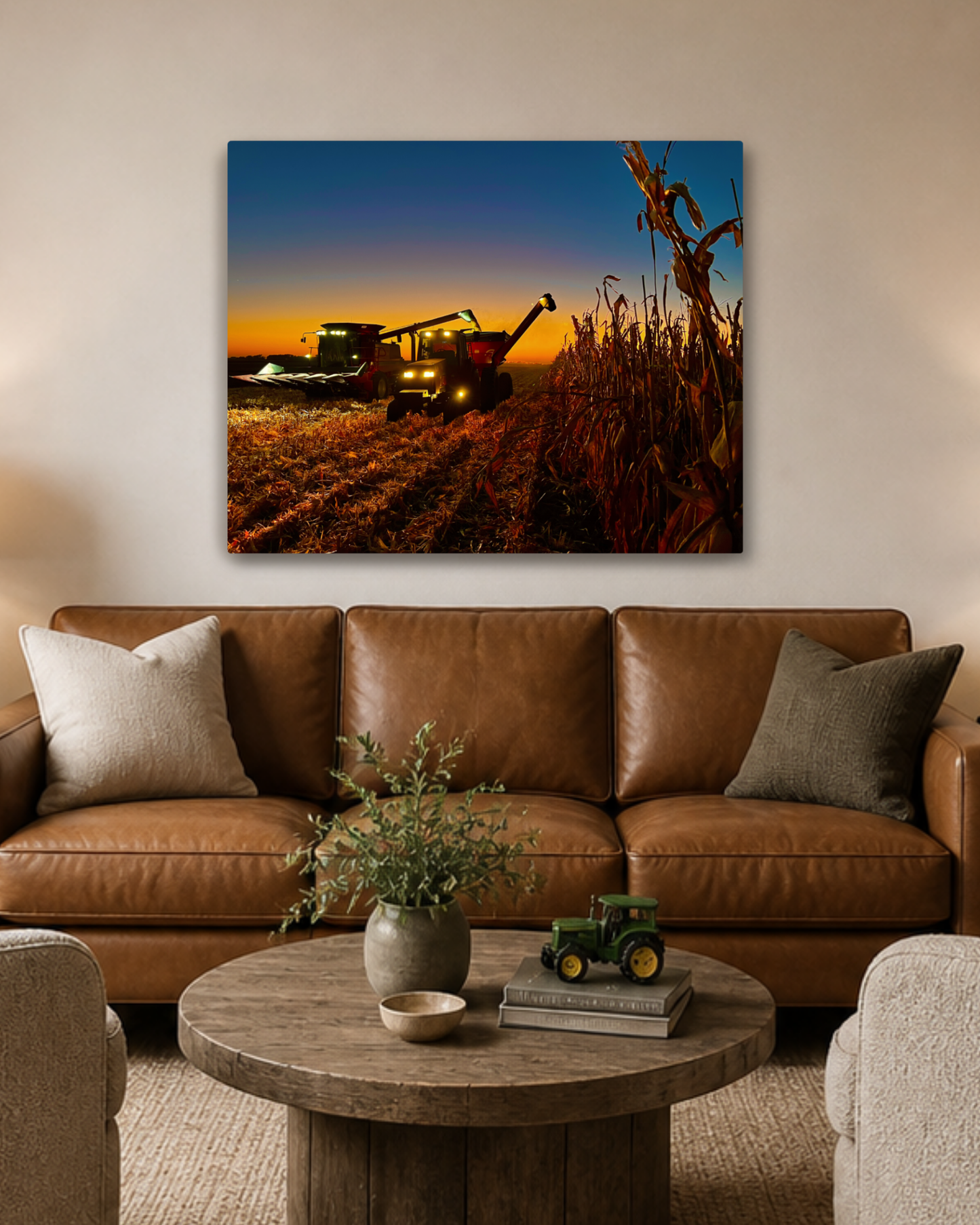 Keeping Pace with the Sunset - Corn Harvest Canvas Wall Art