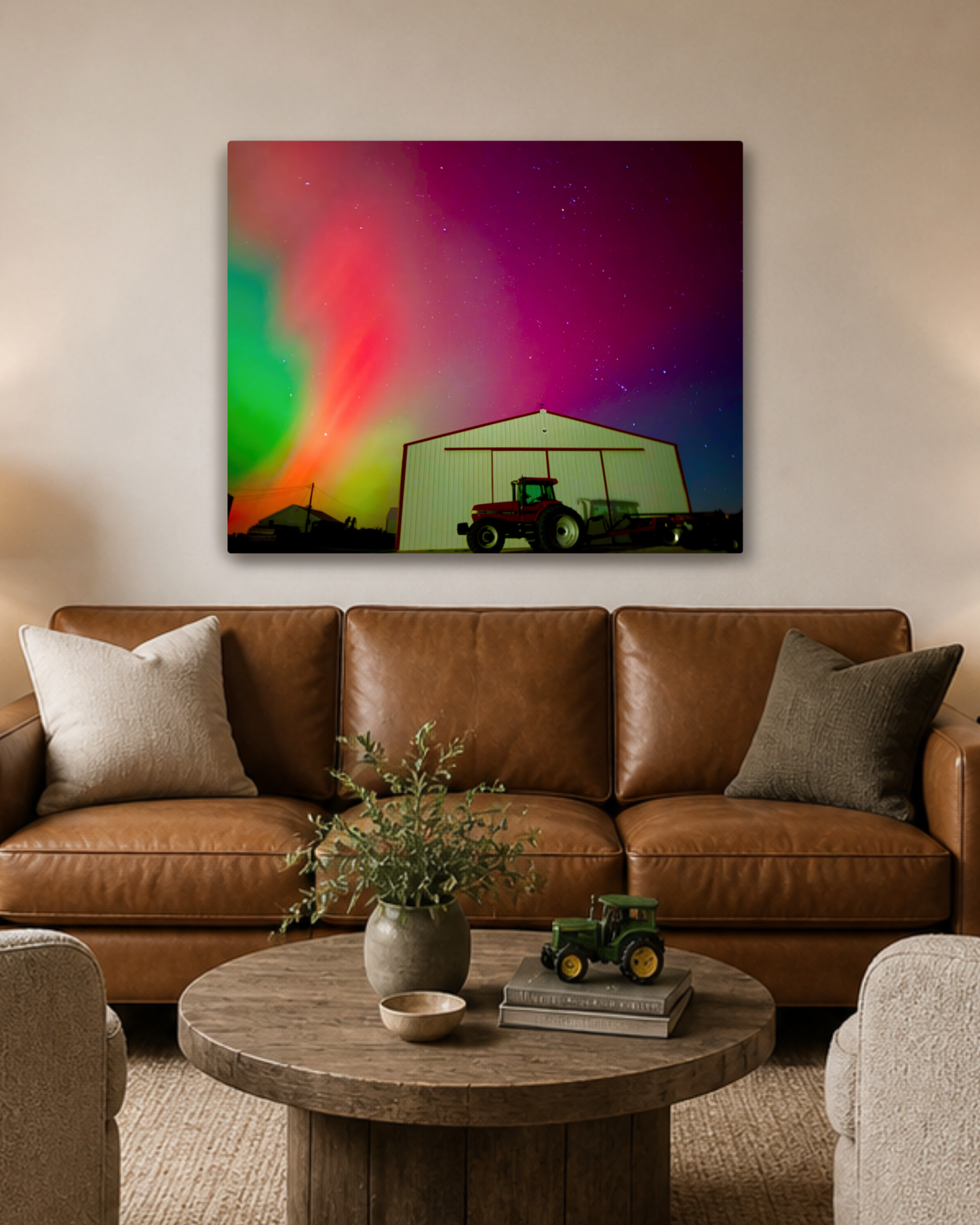 When the Sky Turned Electric – Northern Lights Over the Farm Canvas Wall Art