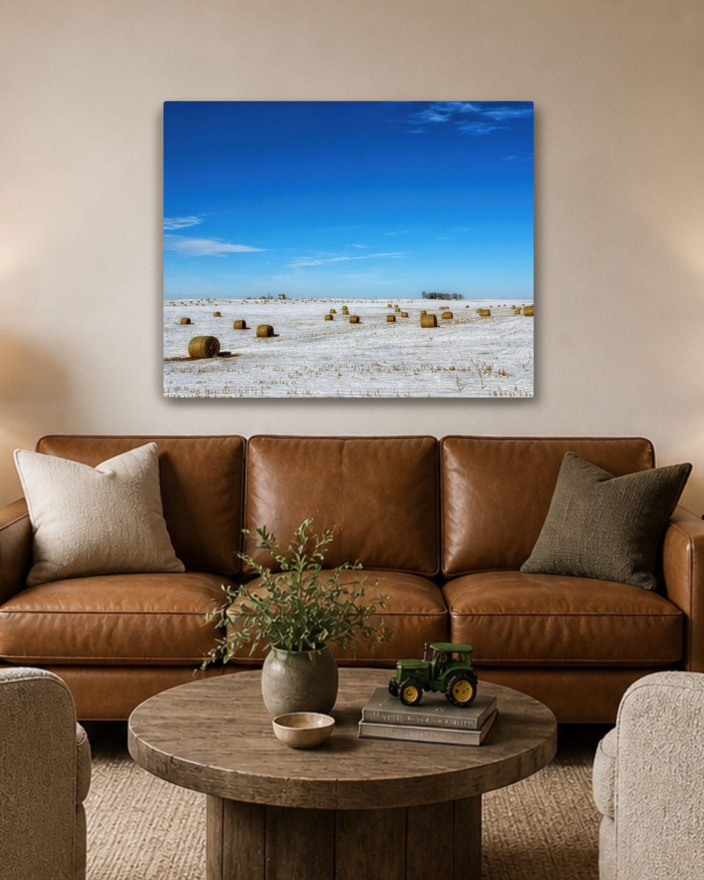 Bales Beneath a Winter Blue  – Snowy Iowa Farm Canvas Wall Art