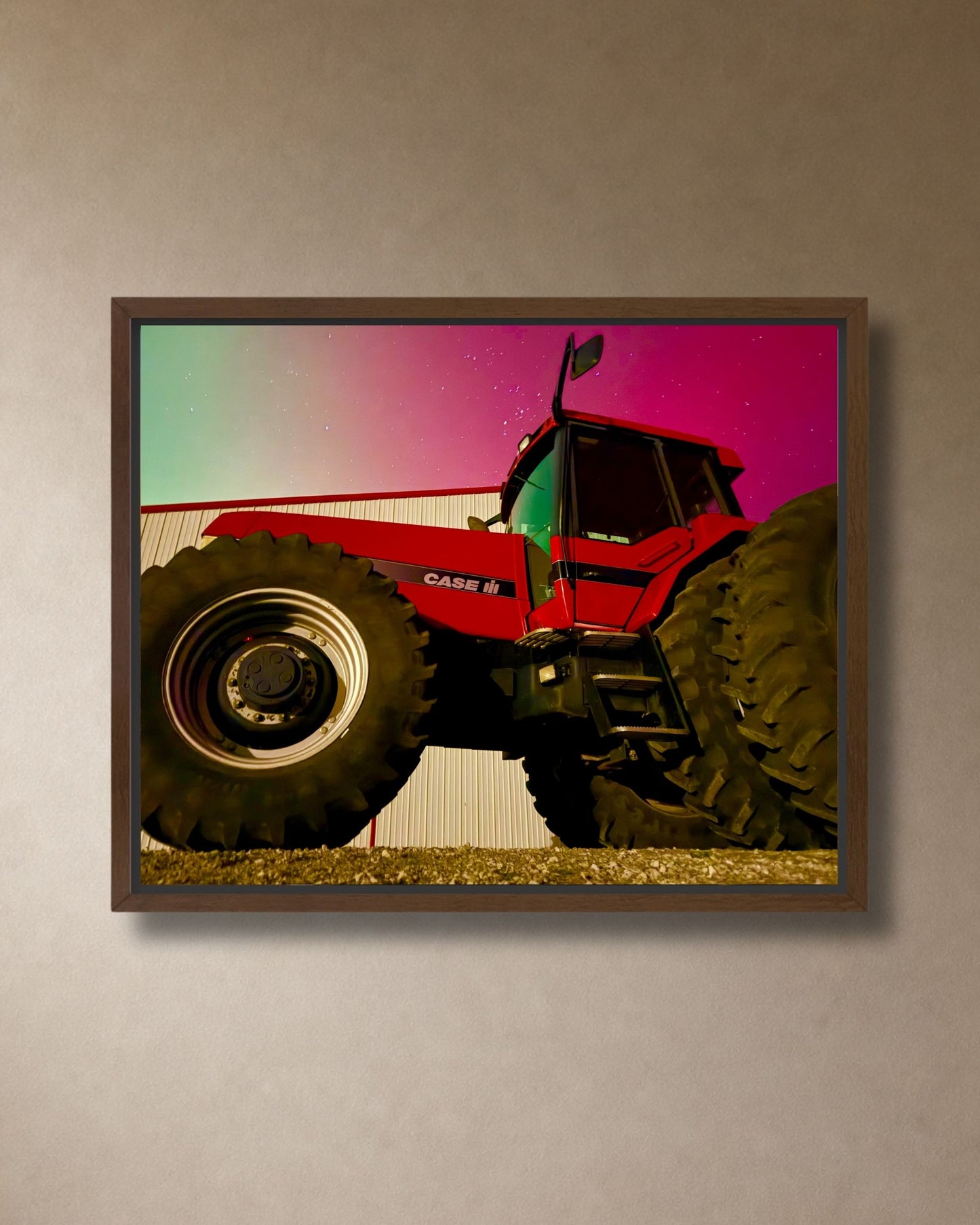 Red Iron Beneath the Northern Lights – Tractor Aurora Canvas Wall Art