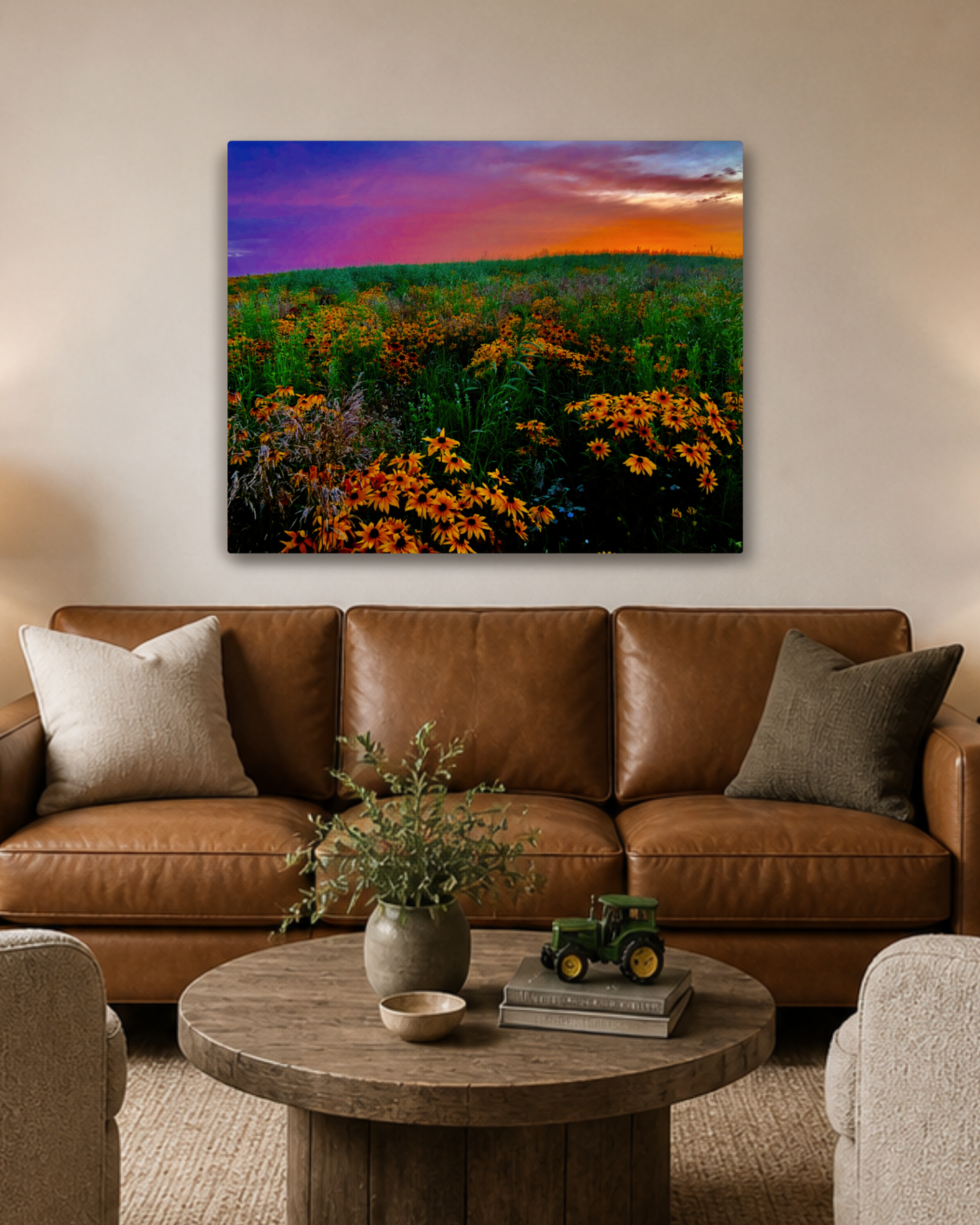 Wildflowers Under a Painted Sky – Rural Sunset Canvas Wall Art