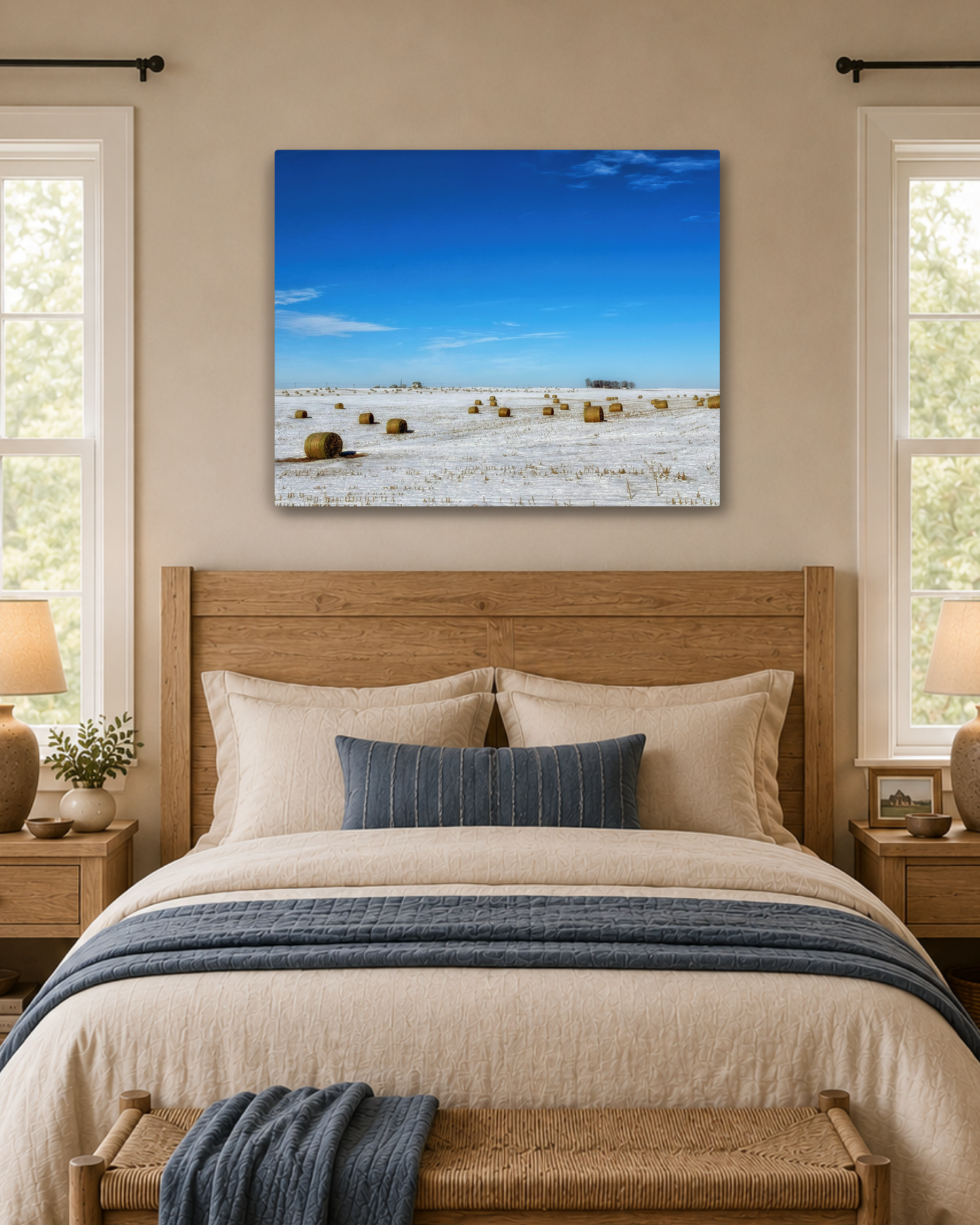 Bales Beneath a Winter Blue  – Snowy Iowa Farm Canvas Wall Art