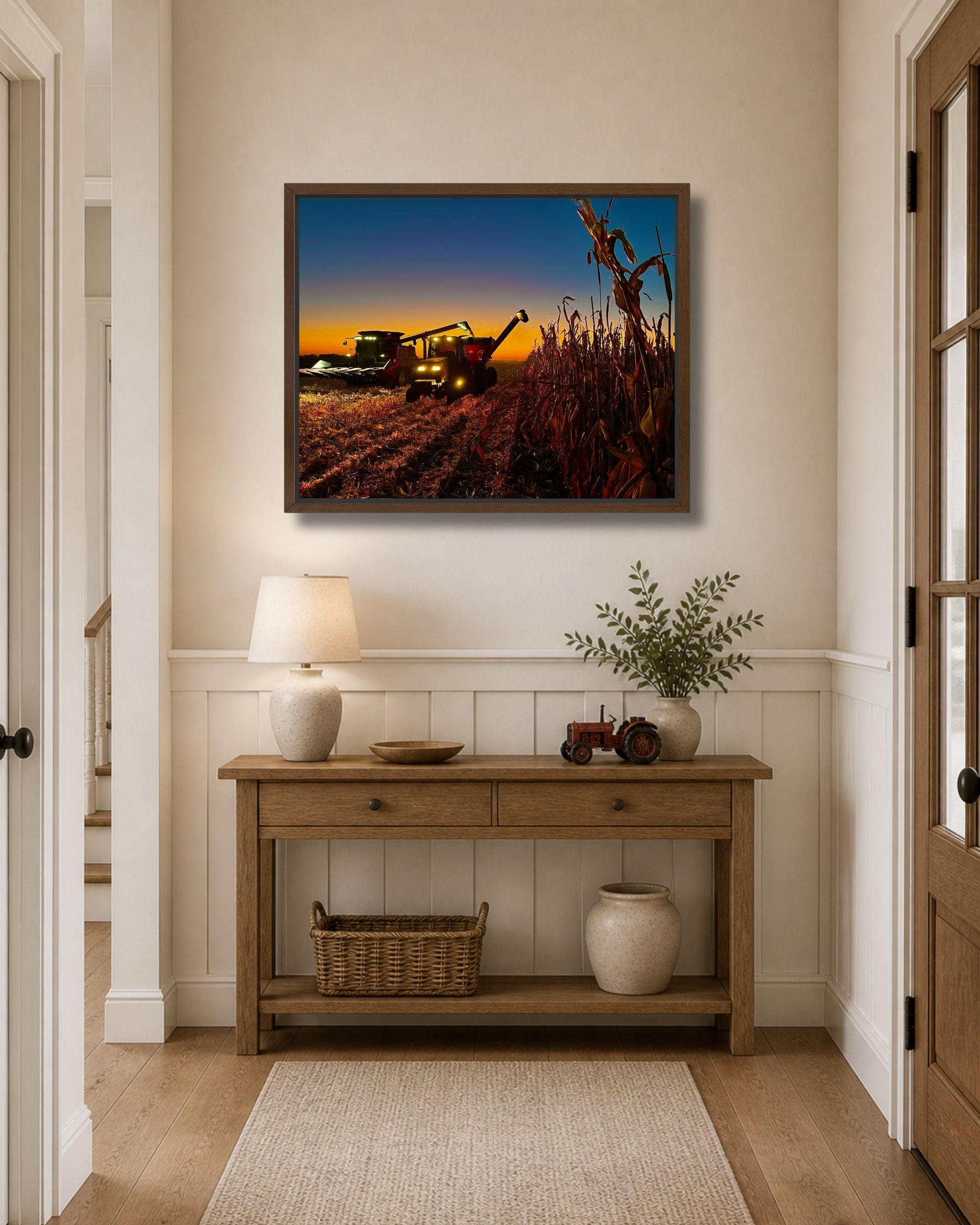 Walnut framed corn harvest canvas wall art styled above an entryway console table with rustic farmhouse decor.