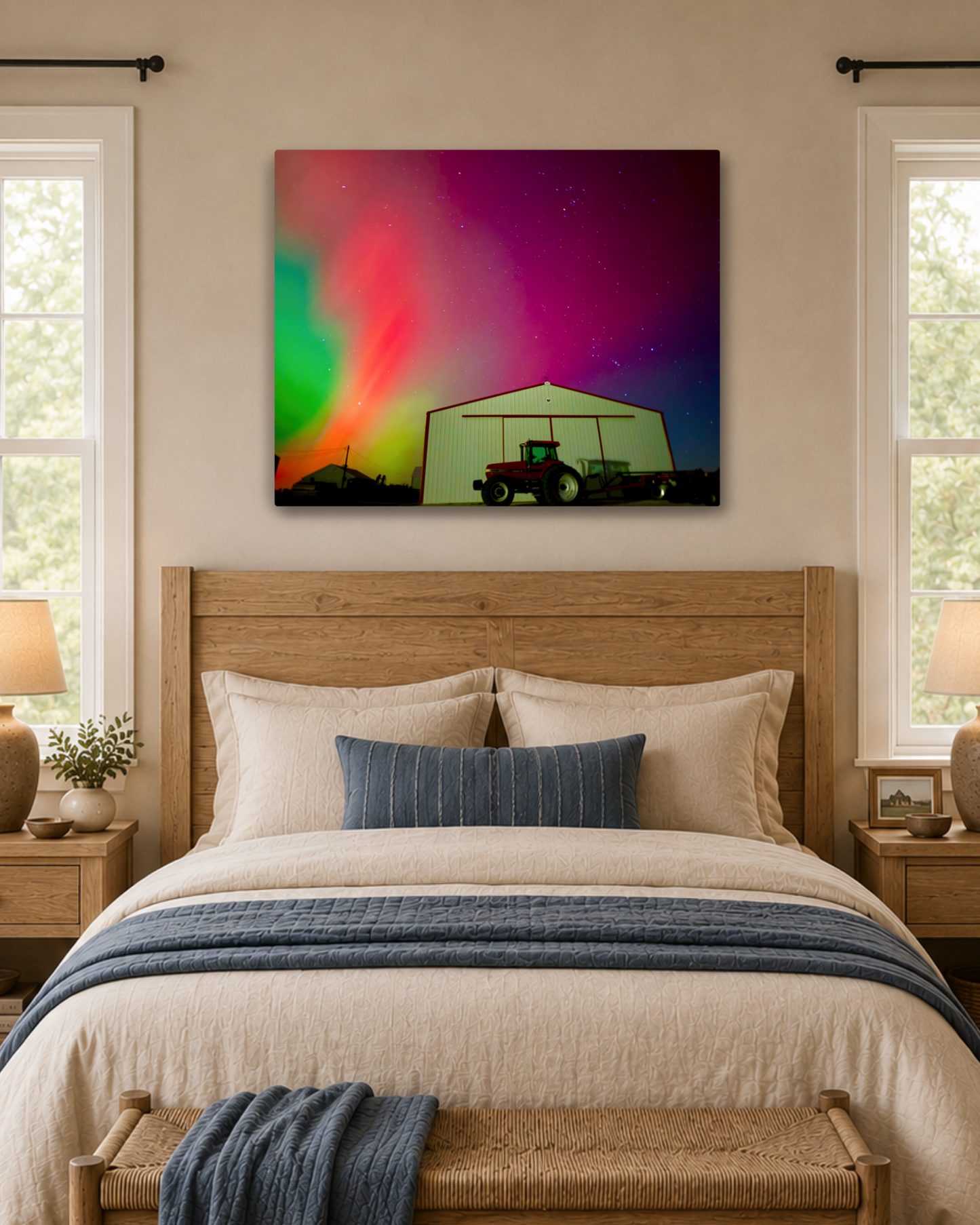 When the Sky Turned Electric – Northern Lights Over the Farm Canvas Wall Art