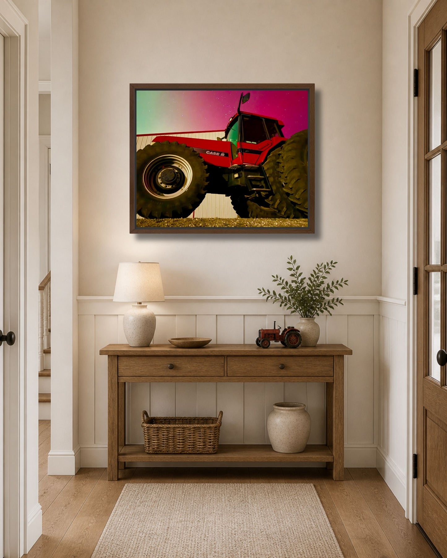 Red Iron Beneath the Northern Lights – Tractor Aurora Canvas Wall Art