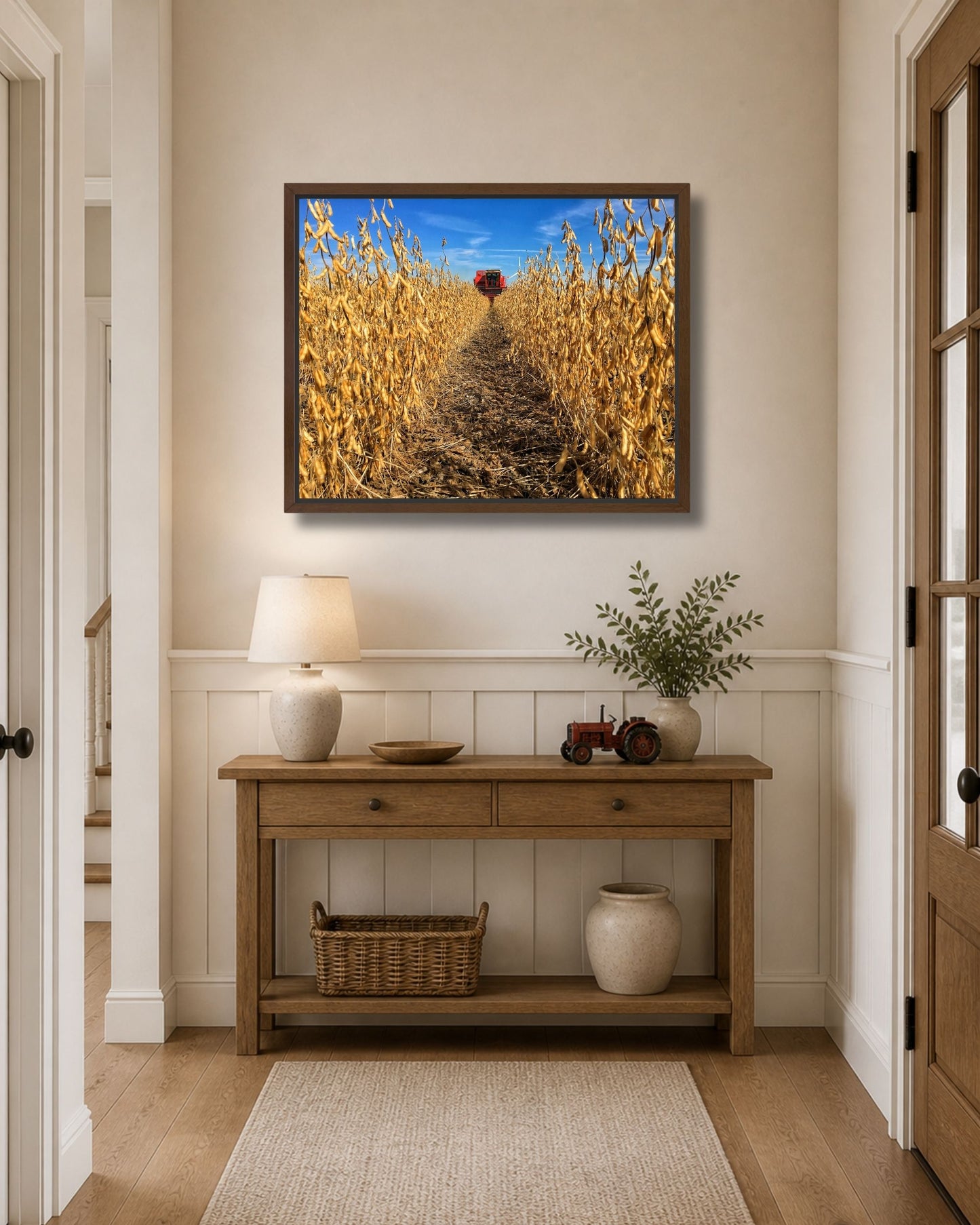 Walnut framed soybean harvest wall art styled above an entryway console table with soft farmhouse decor.