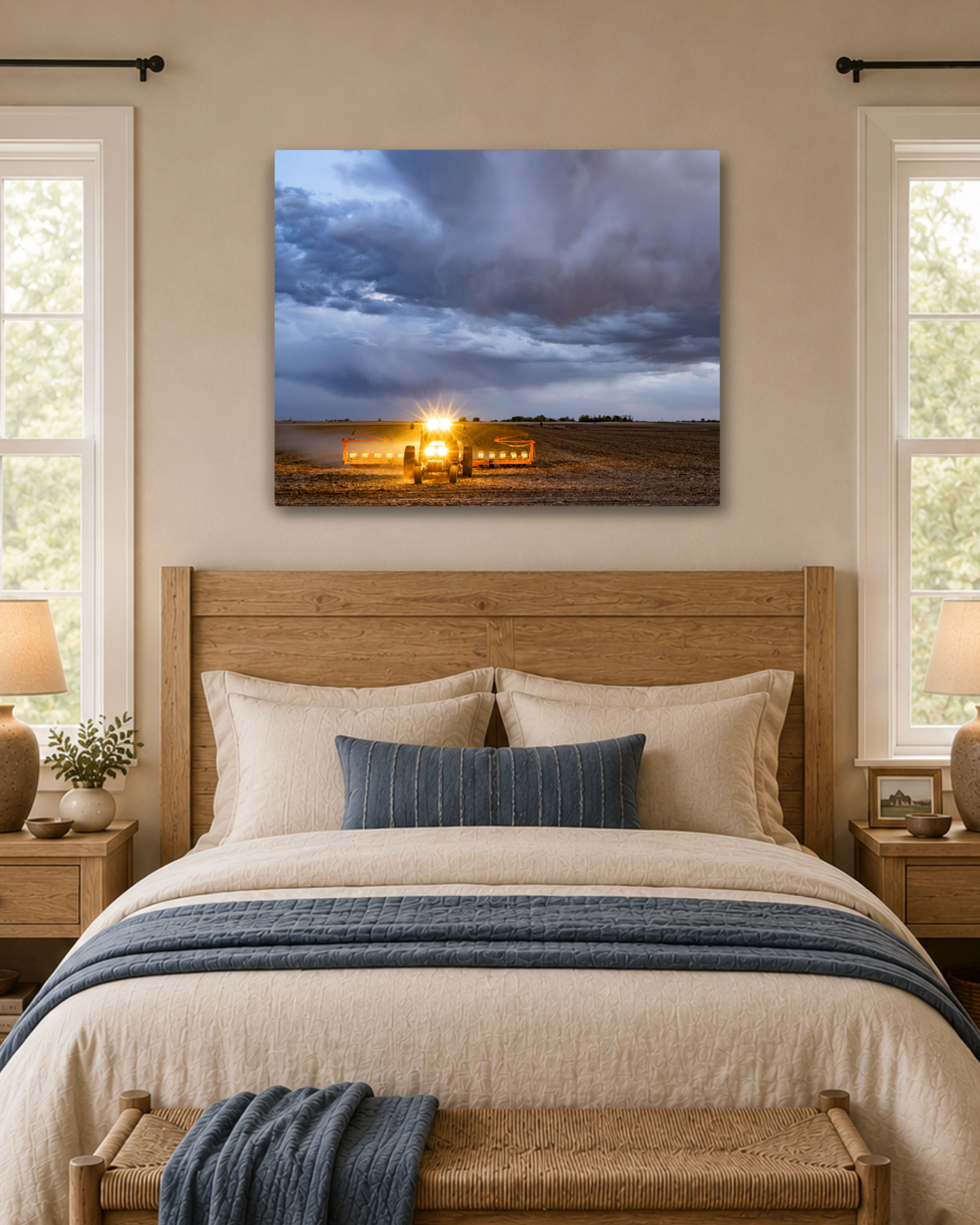 Between the Rows and the Rain - Tractor Planting Storm Canvas Wall Art