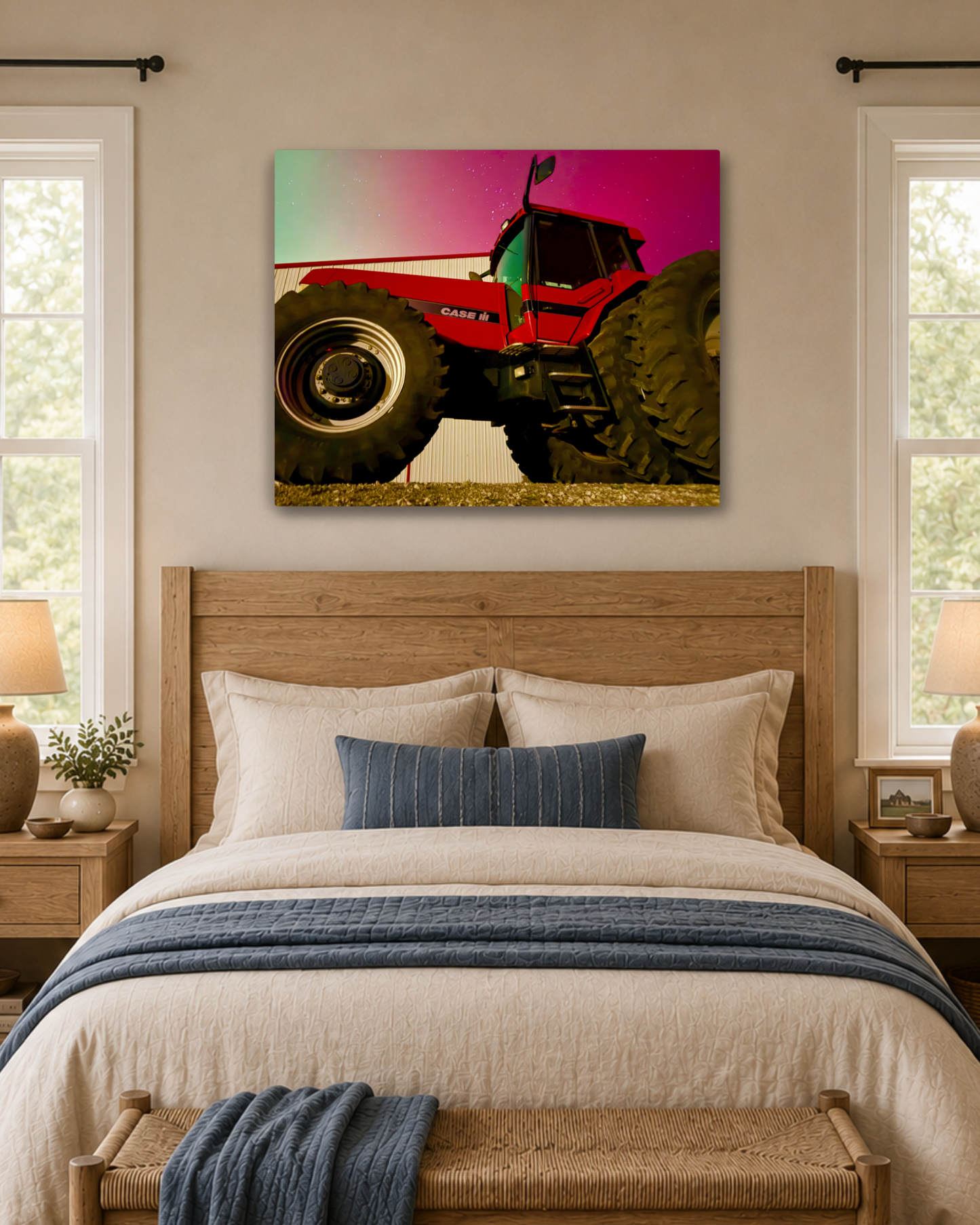 Red Iron Beneath the Northern Lights – Tractor Aurora Canvas Wall Art