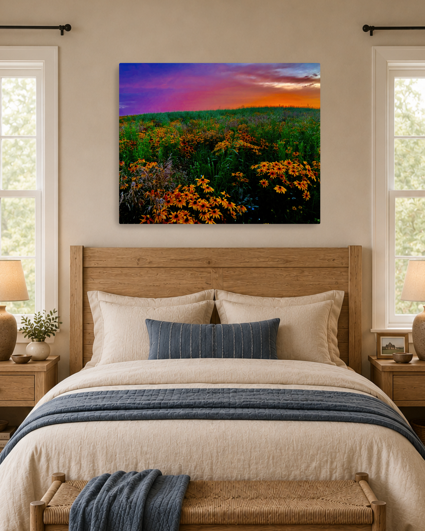 Wildflowers Under a Painted Sky – Rural Sunset Canvas Wall Art