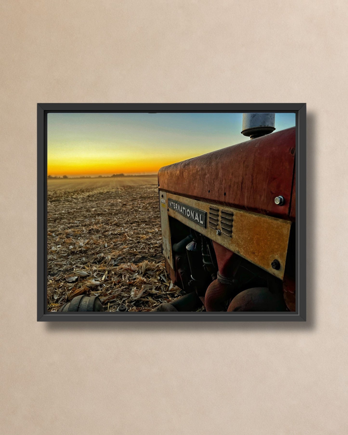 Vintage International tractor at harvest sunset wall art shown in a natural oak solid wood floating frame.