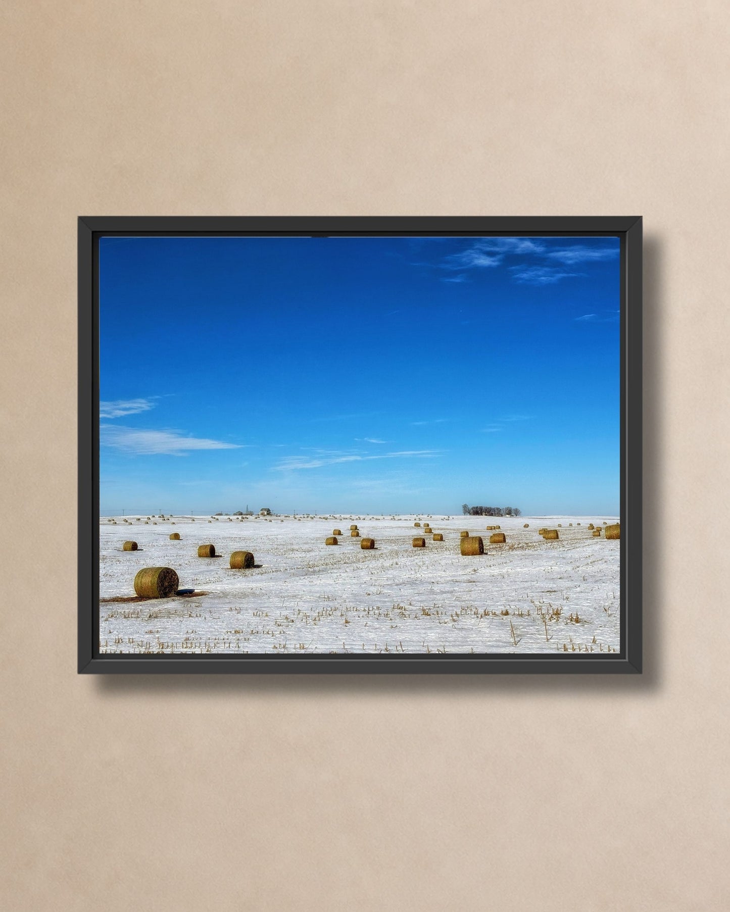 Black framed canvas print of a winter farm field dotted with round hay bales beneath a clear blue sky.