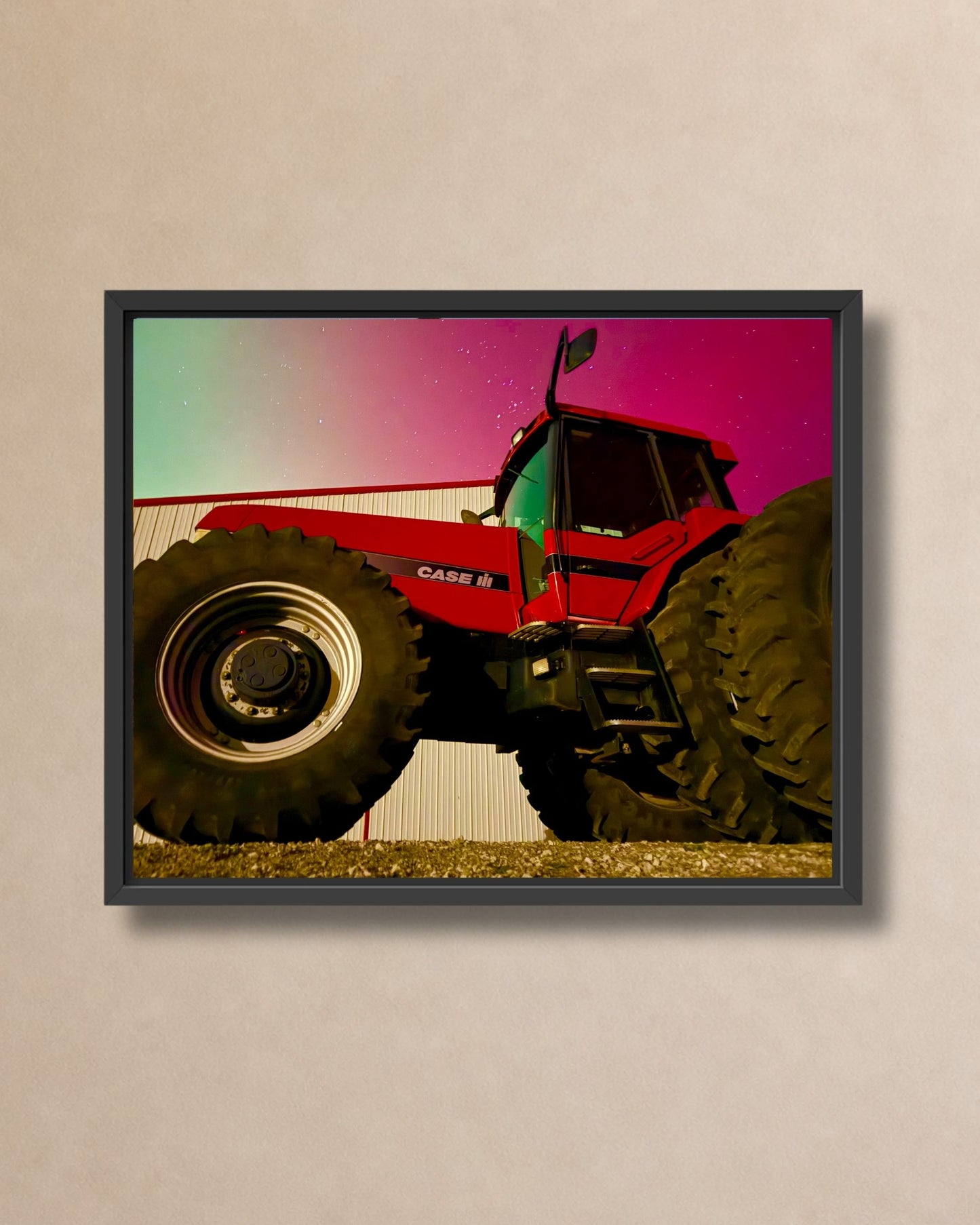 Red Iron Beneath the Northern Lights – Tractor Aurora Canvas Wall Art