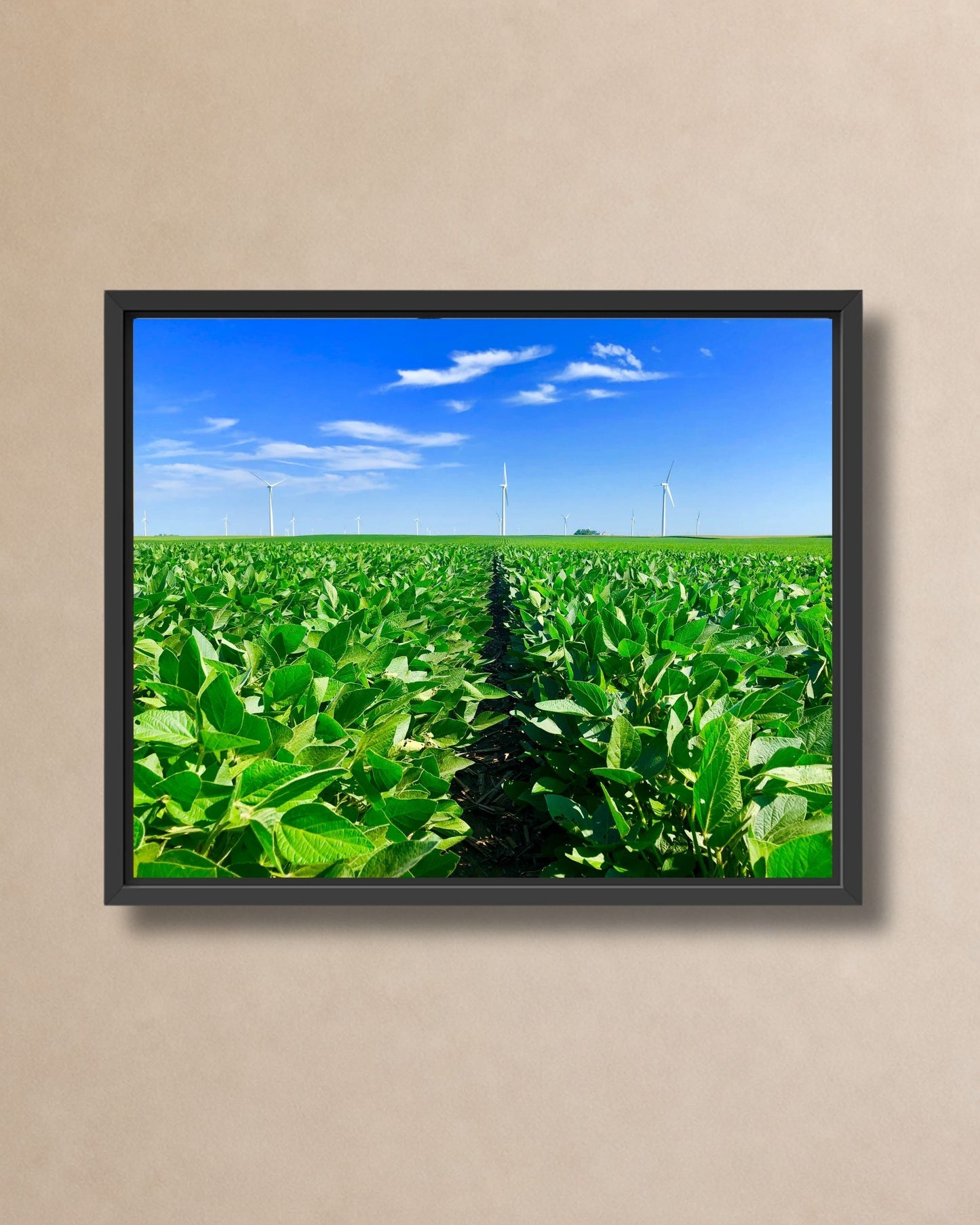 Black framed canvas wall art showing vivid green soybean rows leading toward wind turbines beneath a clear blue sky.