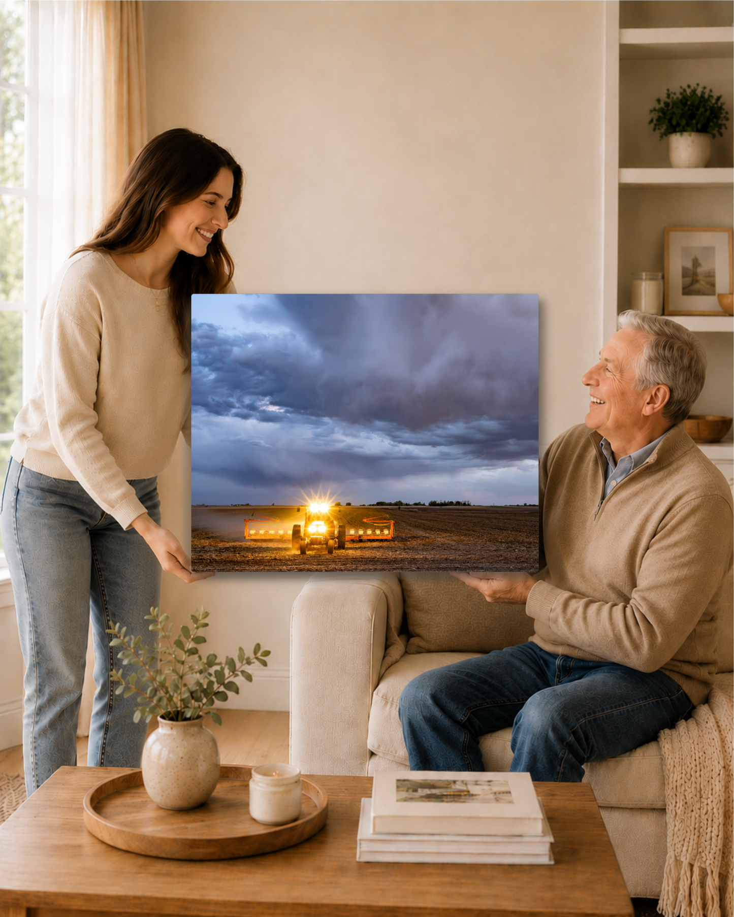 Between the Rows and the Rain - Tractor Planting Storm Canvas Wall Art