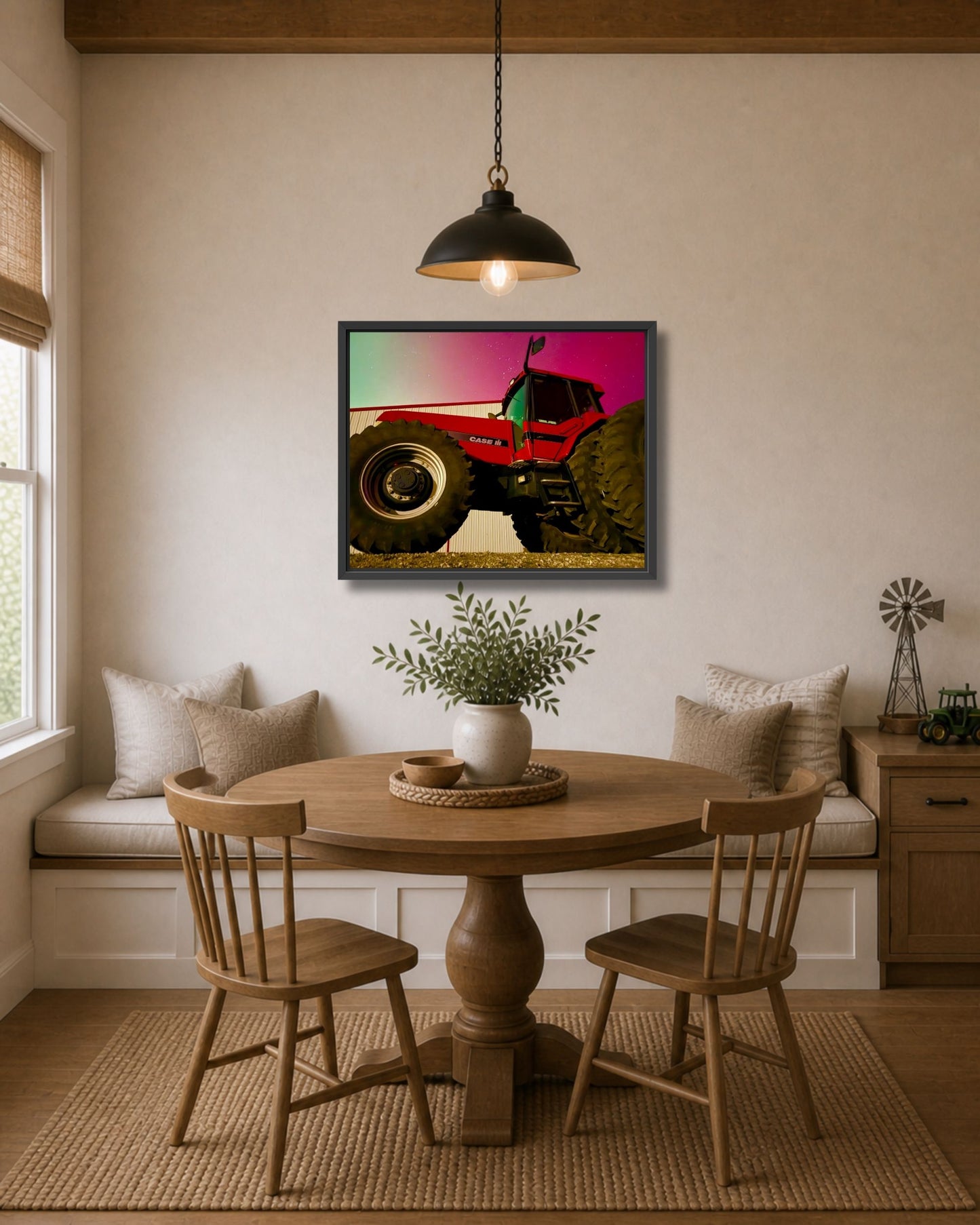 Red Iron Beneath the Northern Lights – Tractor Aurora Canvas Wall Art